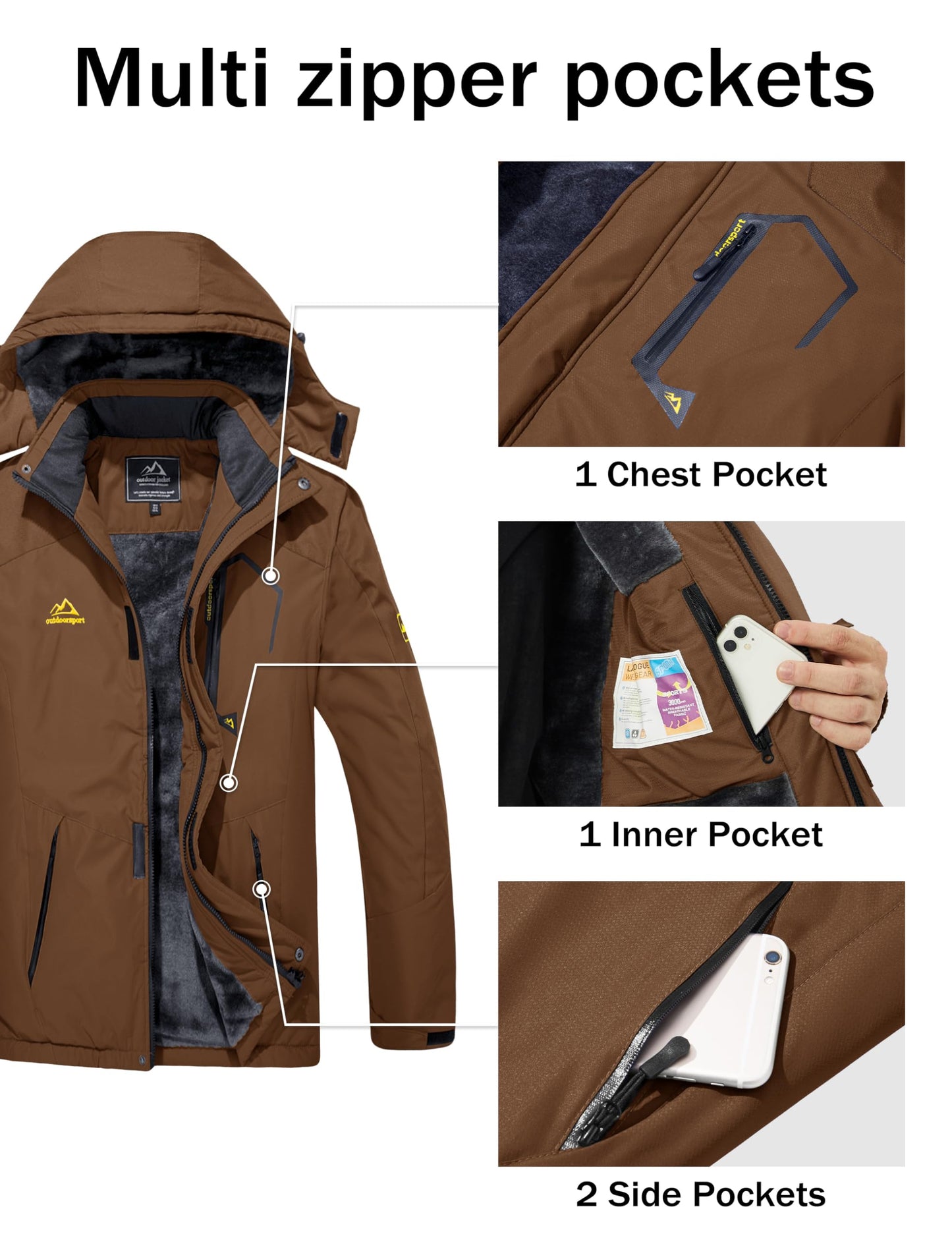 MAGCOMSEN Winter Coats For Men Ski Snowboard Jacket Tactical Work Jacket Snow Waterproof Fleece Jackets with Multi-Pockets Coffee XL
