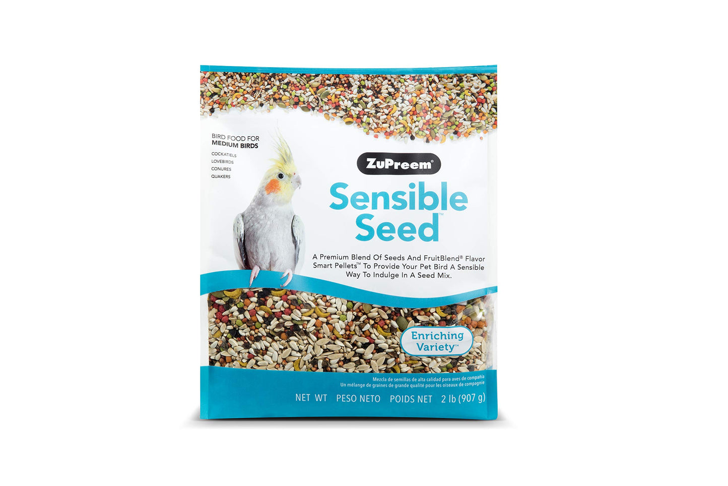 ZuPreem Sensible Seed Bird Food, Cockatiel, Lovebird, Quaker, Small Conure, Seed and Pellet Blend for Medium Birds, Food Mixer Topper, Enriching Variety, Made in the USA, (M, 2 lbs)