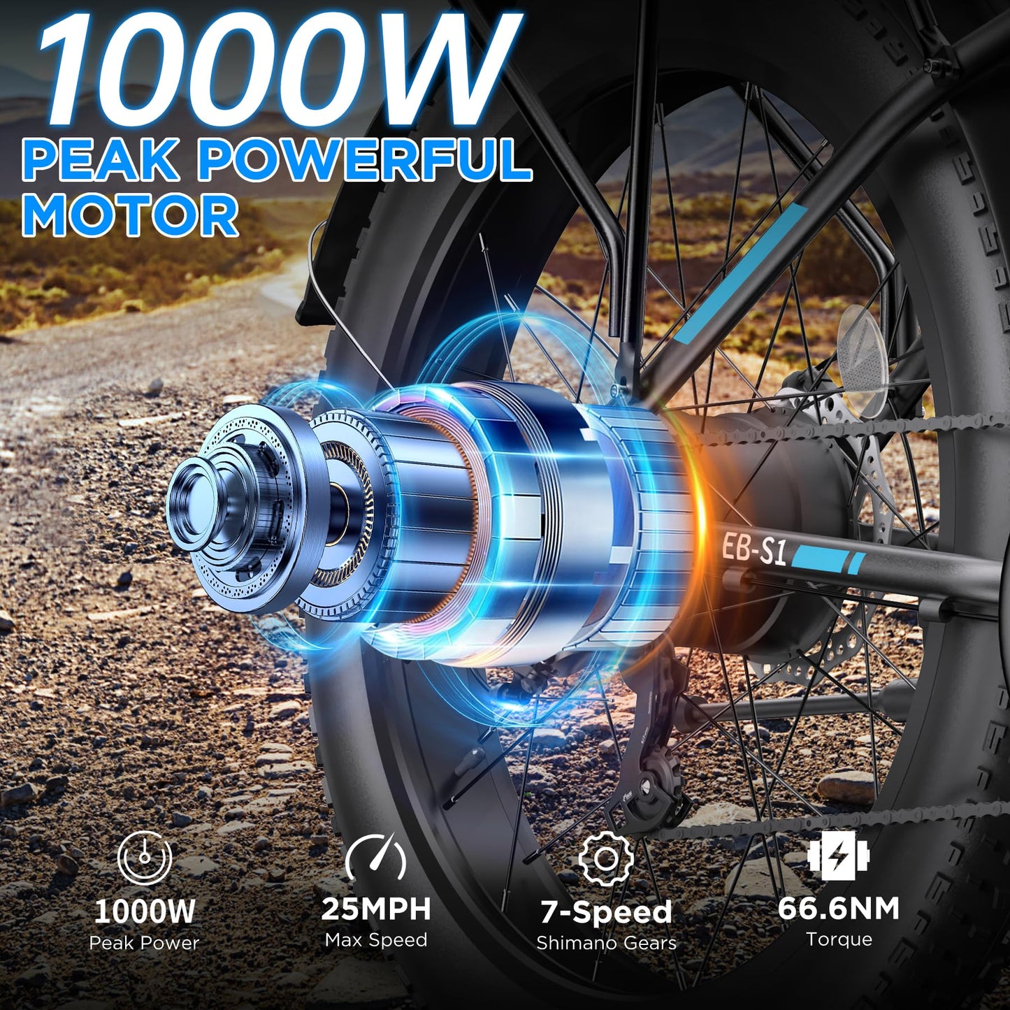 Electric Bike for Adults, 1000W Peak Ebike, 25MPH 60Miles Electric Mountain Bike, 26" Fat Tire Electric Bicycle with 48V 13AH Battery, Rear Rack, Turn Signal, Lockable Suspension Fork,7 Speed
