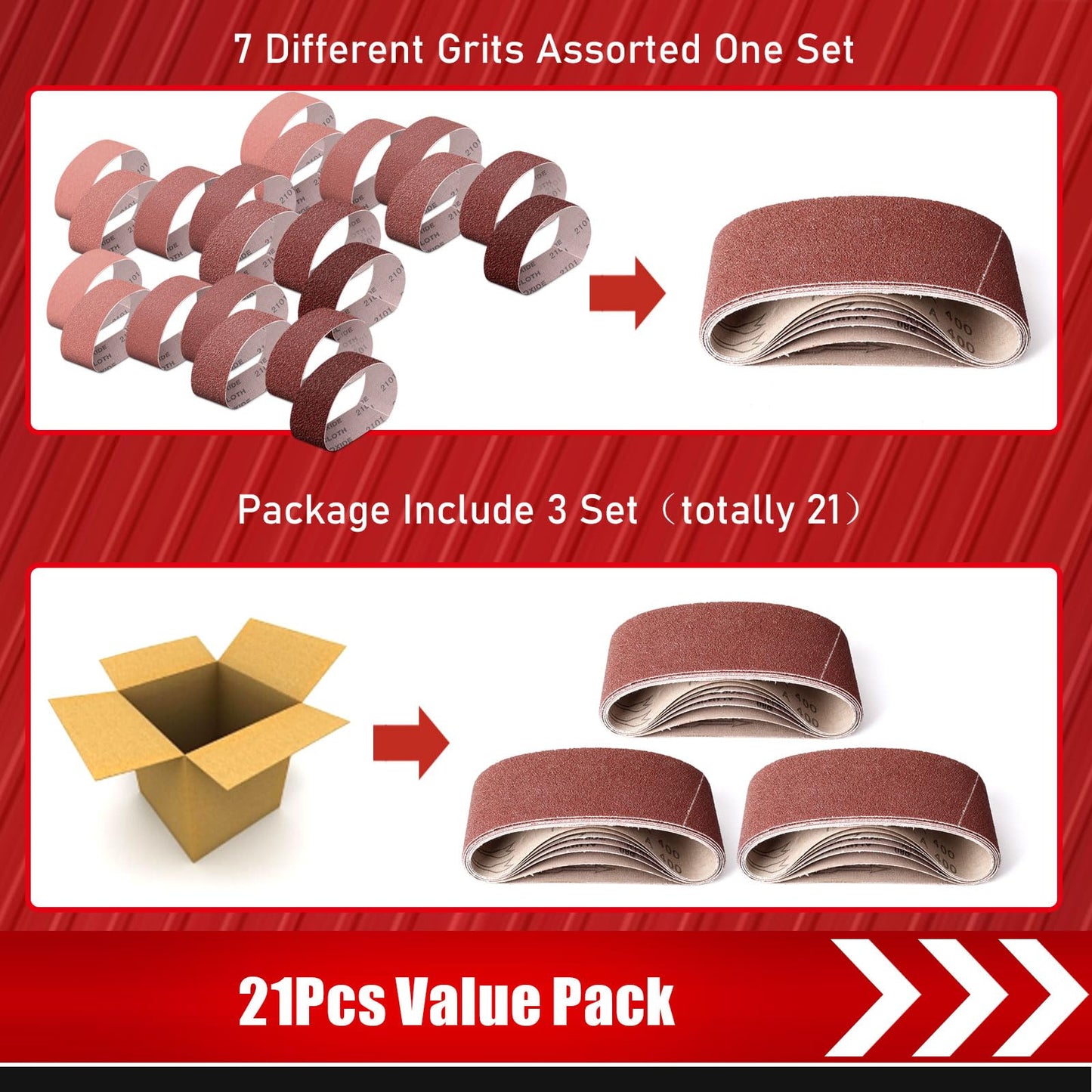3×18 Inch Belt Sander Sanding Belt, 21 Pack Belt Sander Paper 40/60/80/120/180/240/400 Grits Assortment Aluminum Oxide Sanding Belts for Belt Sander Knife Sharpening Wood Metal Polishing