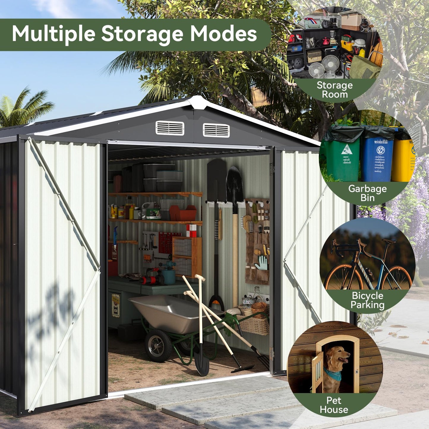 Aoxun 12x10 FT Shed Metal Outdoor Waterproof Storage Shed Steel Utility Garden Tool Shed with Door & Lock Outdoor Storage for Garden Patio Lawn Poolside, Brown