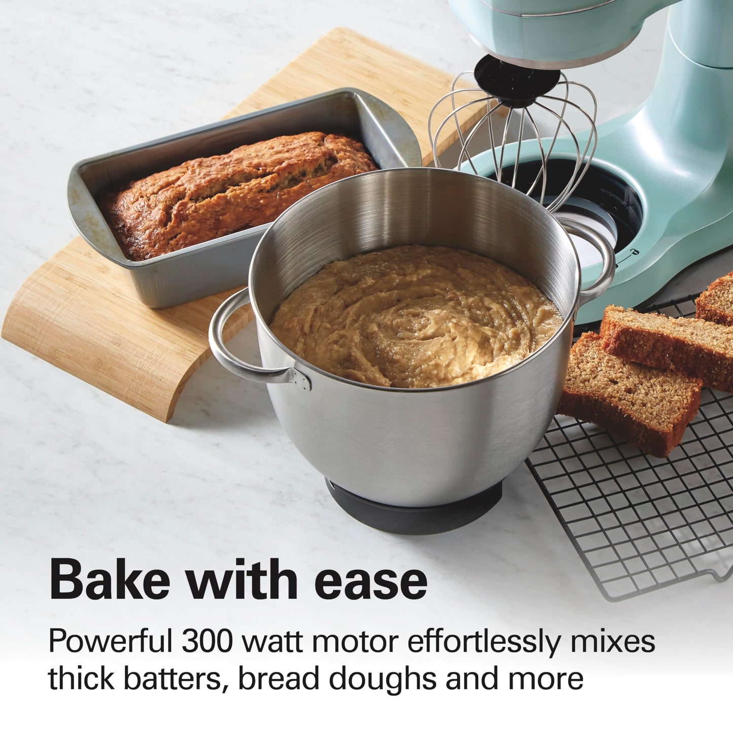 Hamilton Beach Electric Stand Mixer, 4 Quarts, Dough Hook, Flat Beater Attachments, Splash Guard, 7 Speeds with Whisk, Easy-Carry Top Handle, Blue