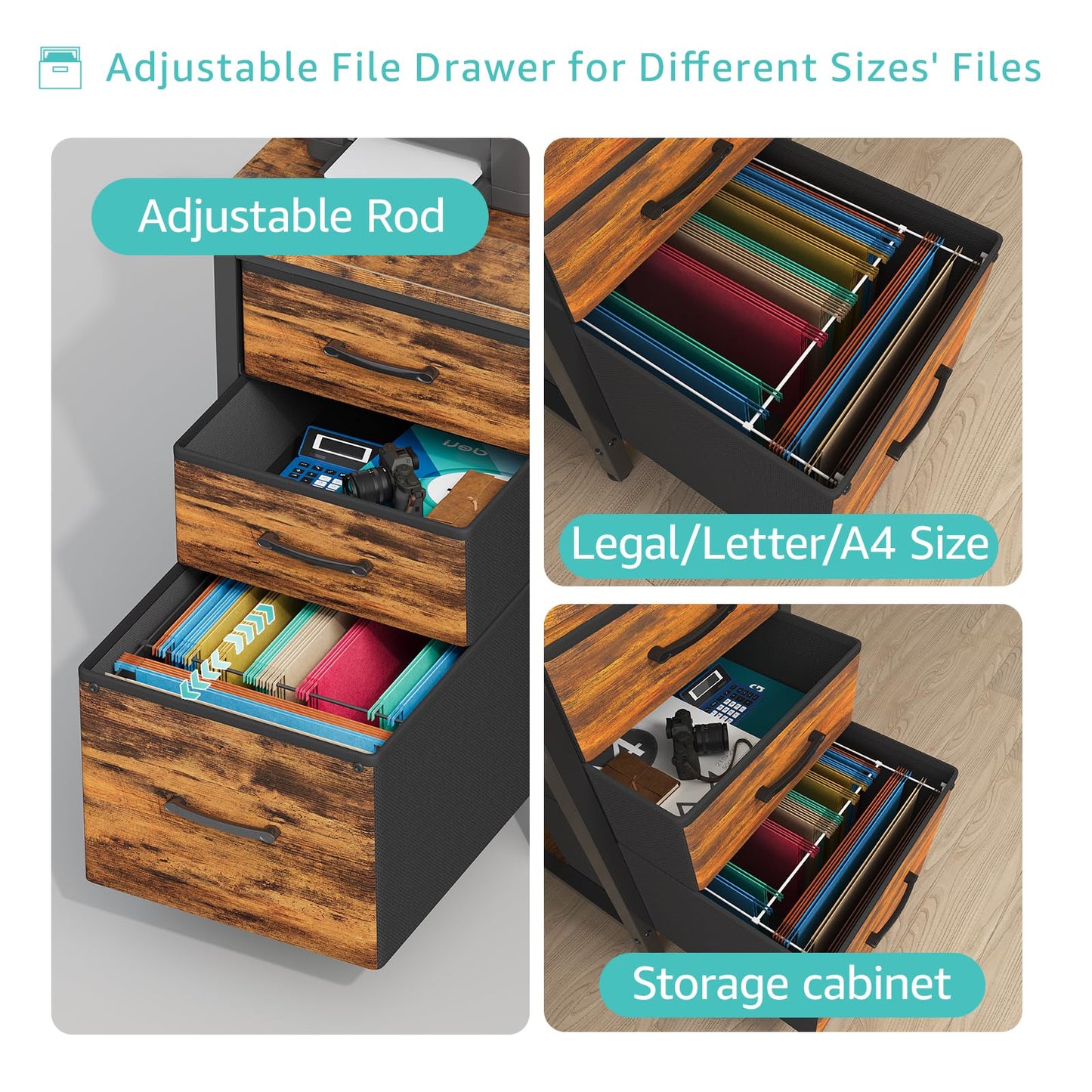 Lufeiya Computer Desk with Fabric File Drawers Cabinet, 47 Inch Reversible Home Office Desks with Filing Cabinet for Small Space, Study Writing Table PC Desks, Rustic Brown