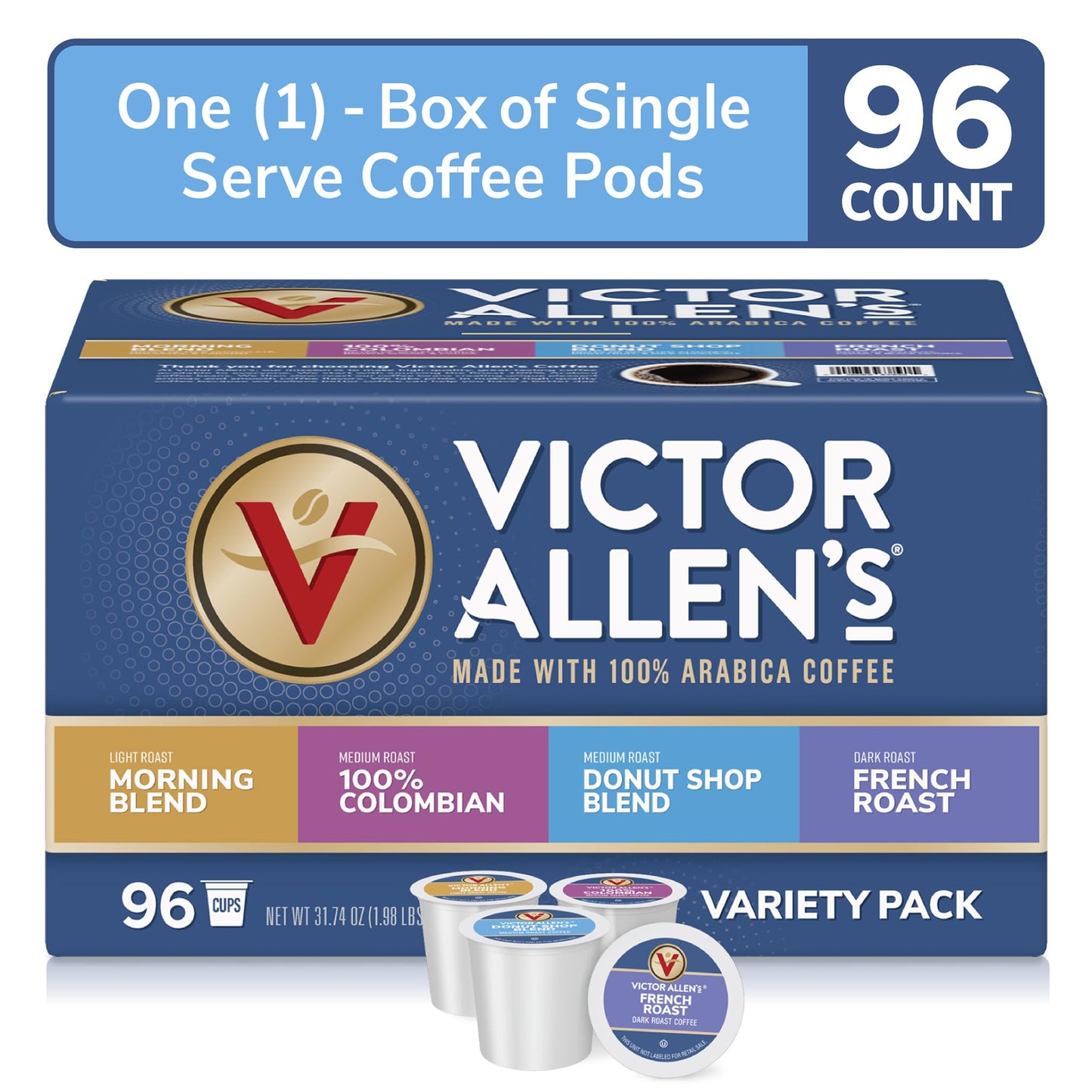 Victor Allen's Coffee Variety Pack (Morning Blend, 100% Colombian, Donut Shop Blend, and Italian Roast), 80 Count, Single Serve Coffee Pods for Keurig K-Cup Brewers