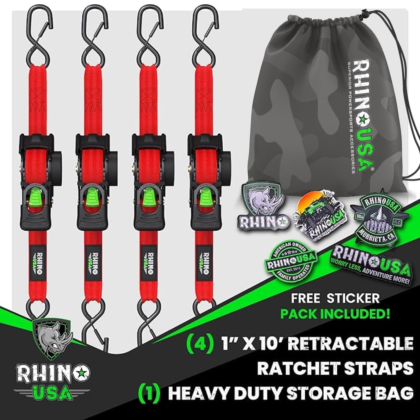 Rhino USA Retractable Ratchet Straps (4-Pack) - 1 Inch x 10 Feet (1,209lb Break Strength) - Heavy Duty Auto Self Retracting Tie Down Straps for Truck, Cargo Trailer, Motorcycle, Rad & More - Black