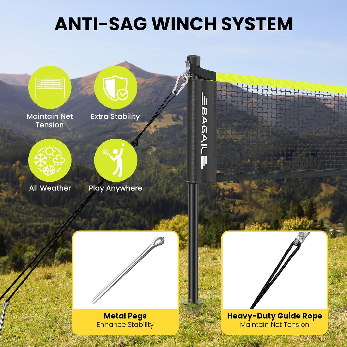 BAGAIL Outdoor Badminton Net Set with Anti-Sag Winch System - Official Size 20ft x 5ft, 4 Rackets, 3 Shuttlecocks, Durable PE Net & Carry Bag for Backyard, Beach, Family Games - Yellow
