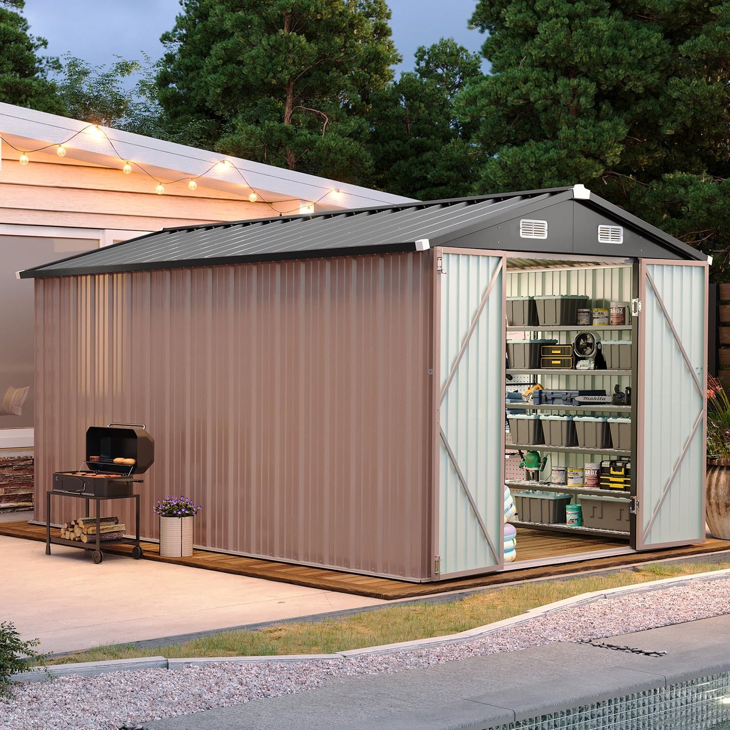 Aoxun 12x10 FT Shed Metal Outdoor Waterproof Storage Shed Steel Utility Garden Tool Shed with Door & Lock Outdoor Storage for Garden Patio Lawn Poolside, Brown