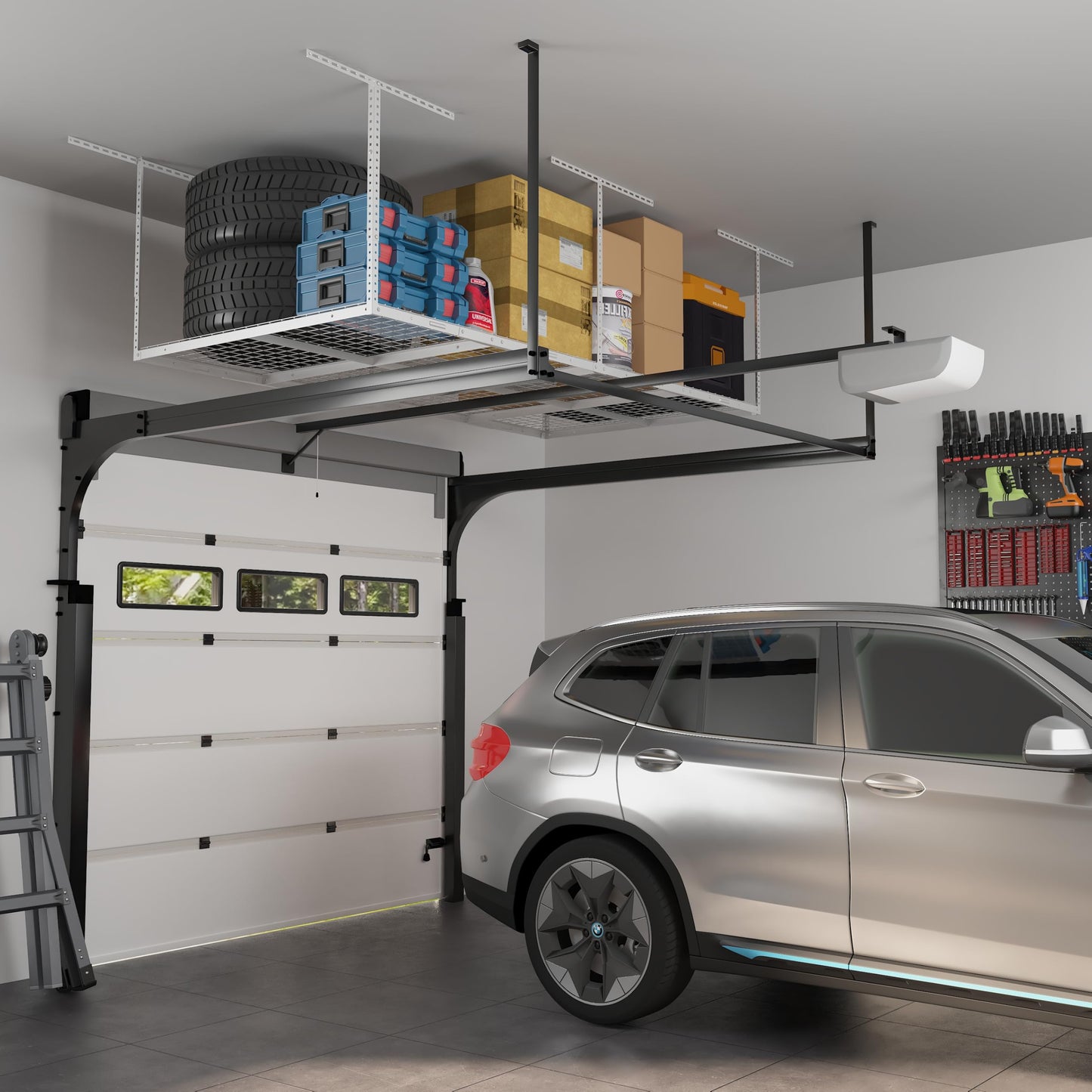FLEXIMOUNTS 4x8 Overhead Garage Storage Rack, Adjustable Garage Storage Organization Systerm, Heavy Duty Metal Garage Ceiling Storage Racks, 600lbs Weight Capacity, Black