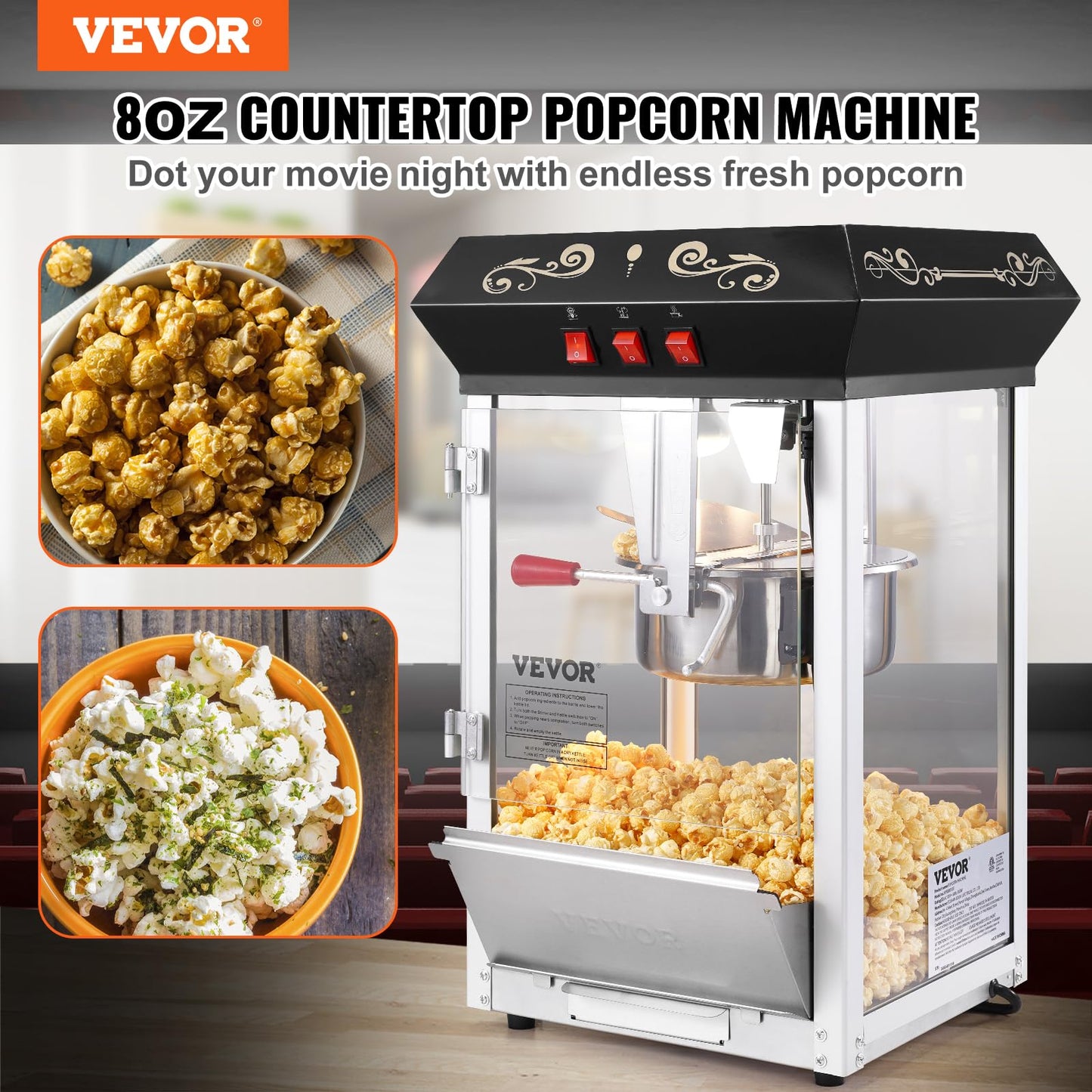 VEVOR Commercial Popcorn Machine, 8 Oz Kettle, 850 W Countertop Popcorn Maker for 48 Cups per Batch, Theater Style Popper with 3-Switch Control Steel Frame Tempered Glass Doors 2 Scoops 2 Spoons, Red