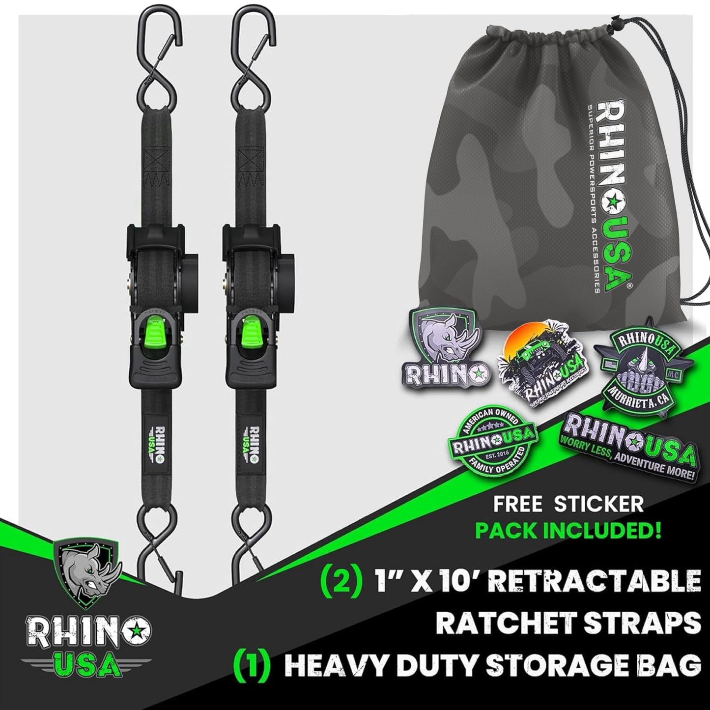 Rhino USA Retractable Ratchet Straps (4-Pack) - 1 Inch x 10 Feet (1,209lb Break Strength) - Heavy Duty Auto Self Retracting Tie Down Straps for Truck, Cargo Trailer, Motorcycle, Rad & More - Black