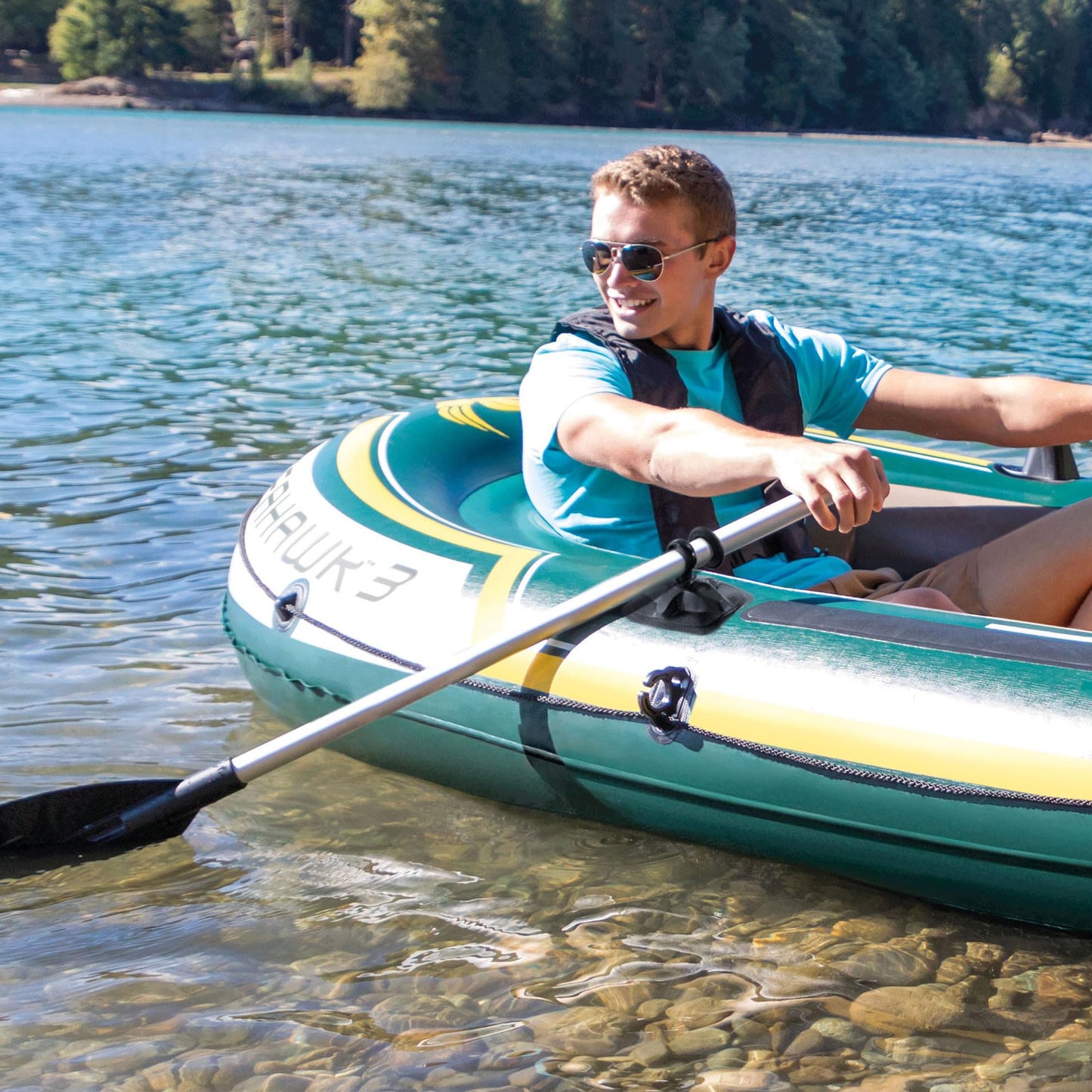 INTEX Seahawk Inflatable Boat Series: Includes Deluxe Aluminum Oars and High-Output Pump – SuperStrong PVC – Fishing Rod Holders – Heavy Duty Grab Handles – Gear Pouch