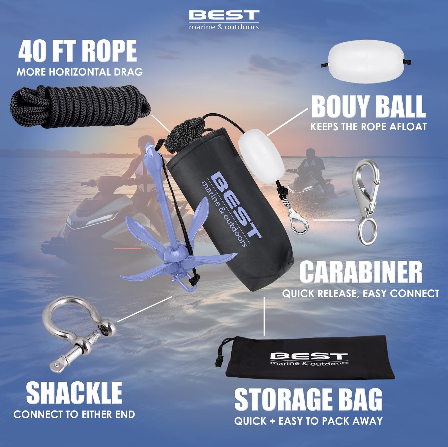Best Marine and Outdoors Kayak Anchor, 3.5 Pound Anchor System Kit for Kayaks, Canoes, SUP Paddle Boards & Jet Skis, Fishing, Boating & Kayaking Accessories