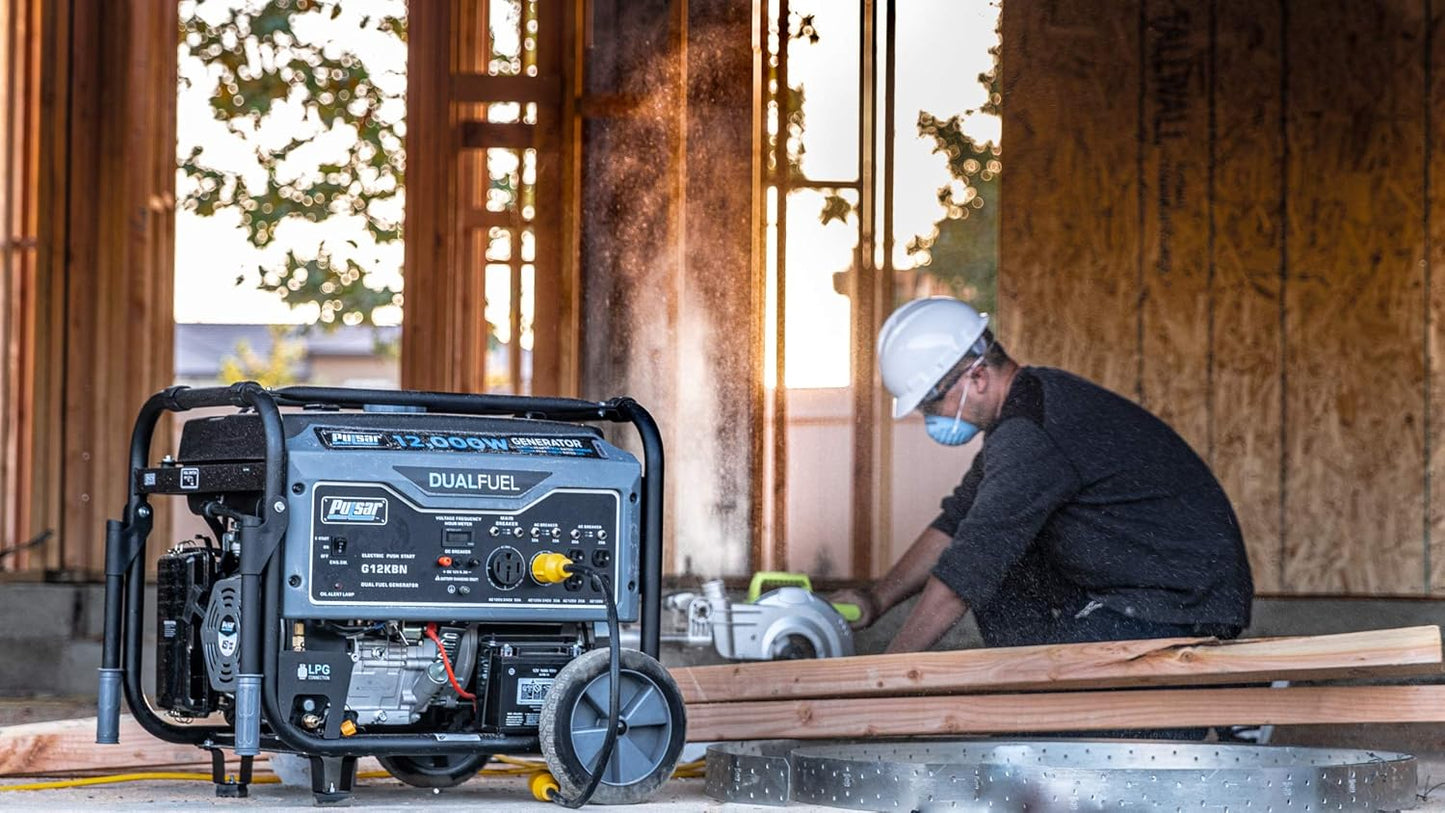 Pulsar G12KBN Heavy Duty Portable Dual Fuel Generator - 9500 Rated Watts & 12000 Peak Watts - Gas & LPG - Electric Start - Transfer Switch & RV Ready - CARB Compliant