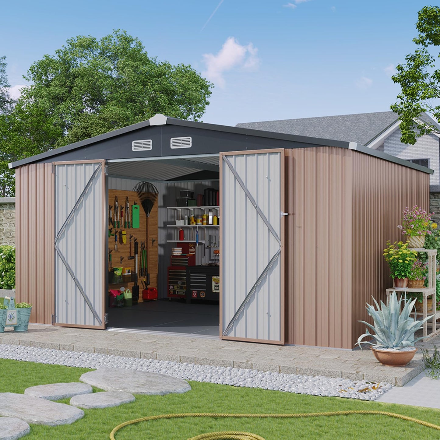 Aoxun 12x10 FT Shed Metal Outdoor Waterproof Storage Shed Steel Utility Garden Tool Shed with Door & Lock Outdoor Storage for Garden Patio Lawn Poolside, Brown