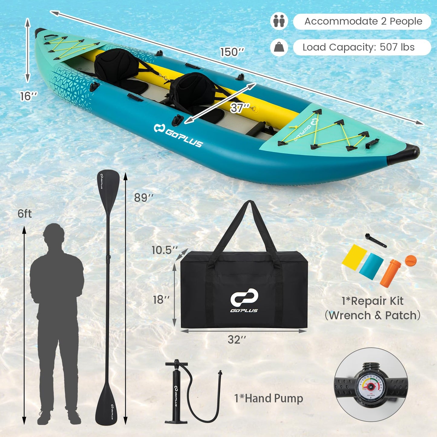 Goplus Inflatable Kayak, 2-Person Kayak Set for Adults with 507 LBS Weight Capacity, 2 Aluminium Oars, EVA Padded Seat, 2 Fins, Hand Pump, Carry Bag, Repair Kit, Portable Touring Kayaks
