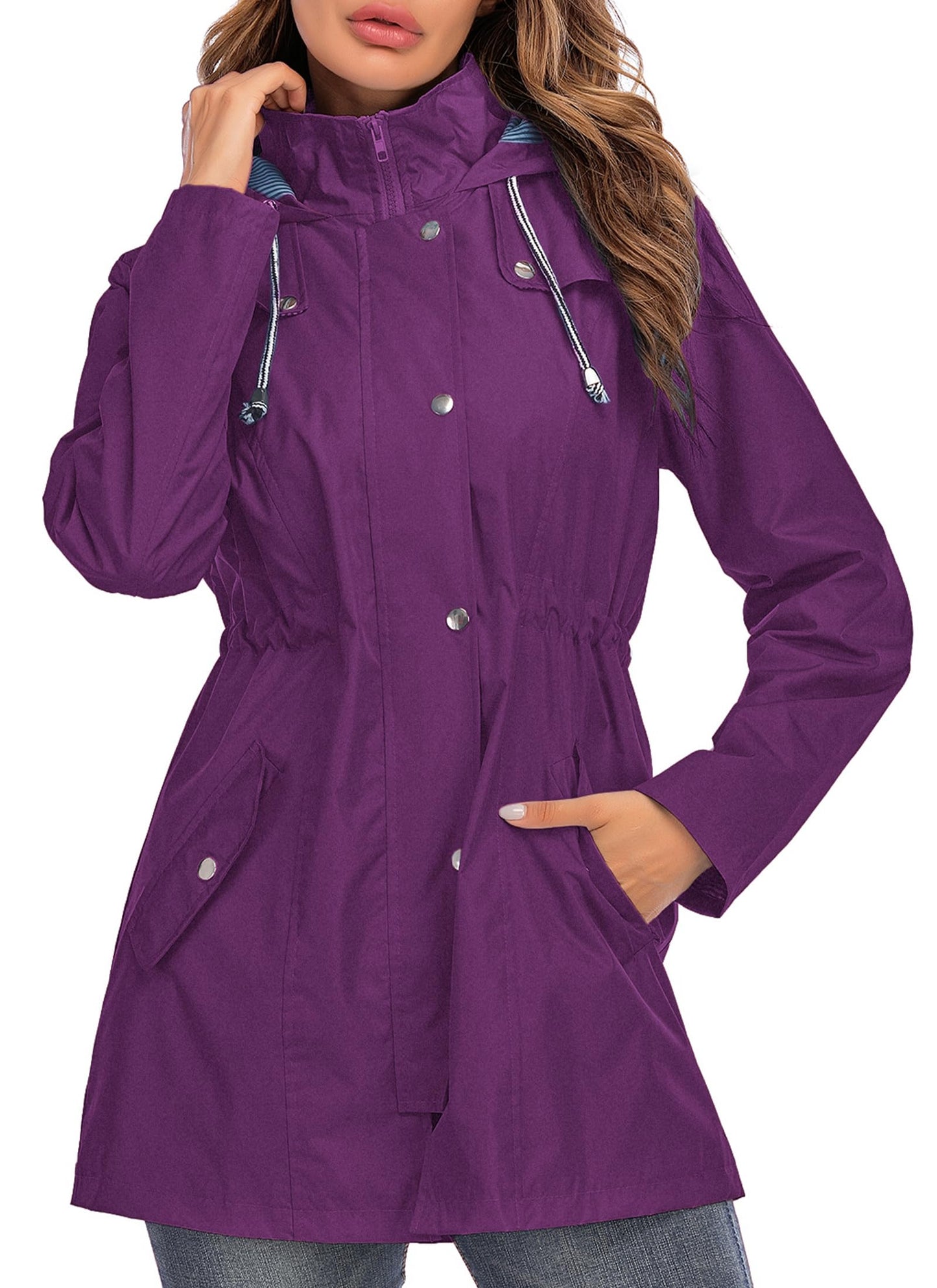 Rain Jacket Women Striped Lined Hooded Lightweight Raincoat Outdoor Waterproof Windbreaker