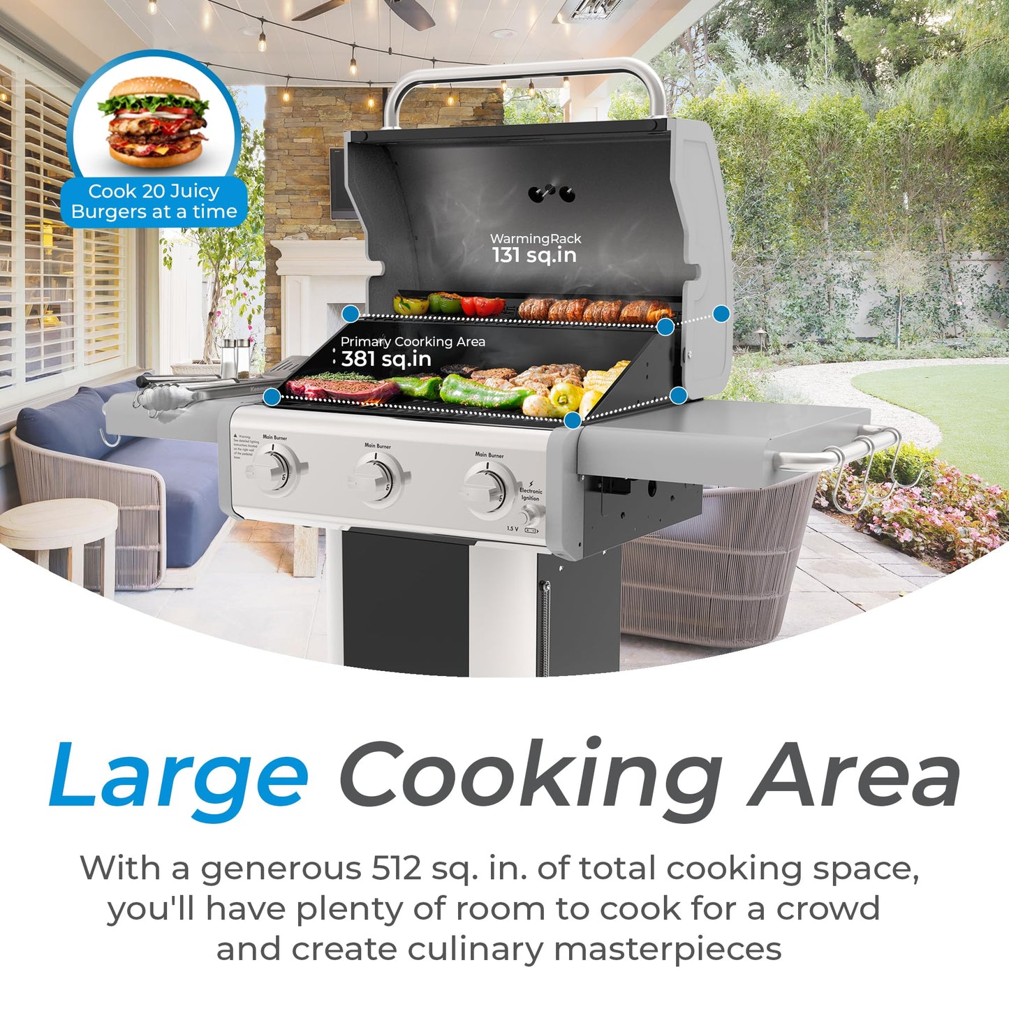 Kenmore 3-Burner Propane BBQ Grill, 30,000 BTUs Gas Grill with Cast Iron Cooking Grates, Folding Side Tables & Wheels, Outdoor Grill with Tool Hooks, Azure Blue