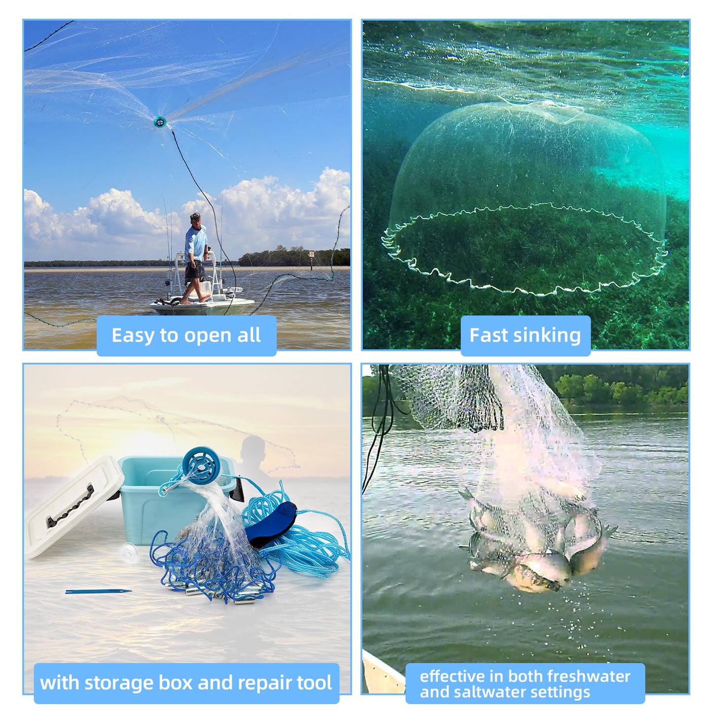 Handmade American Cast Net, BalanZze Casting Fishing Net for Bait Trap Fish, Throw Nets with Zinc Sinker Weights for Freshwater & Salt Water (3/4/5/6/8/9/10 Ft, 1/2 Inch Mesh Size)