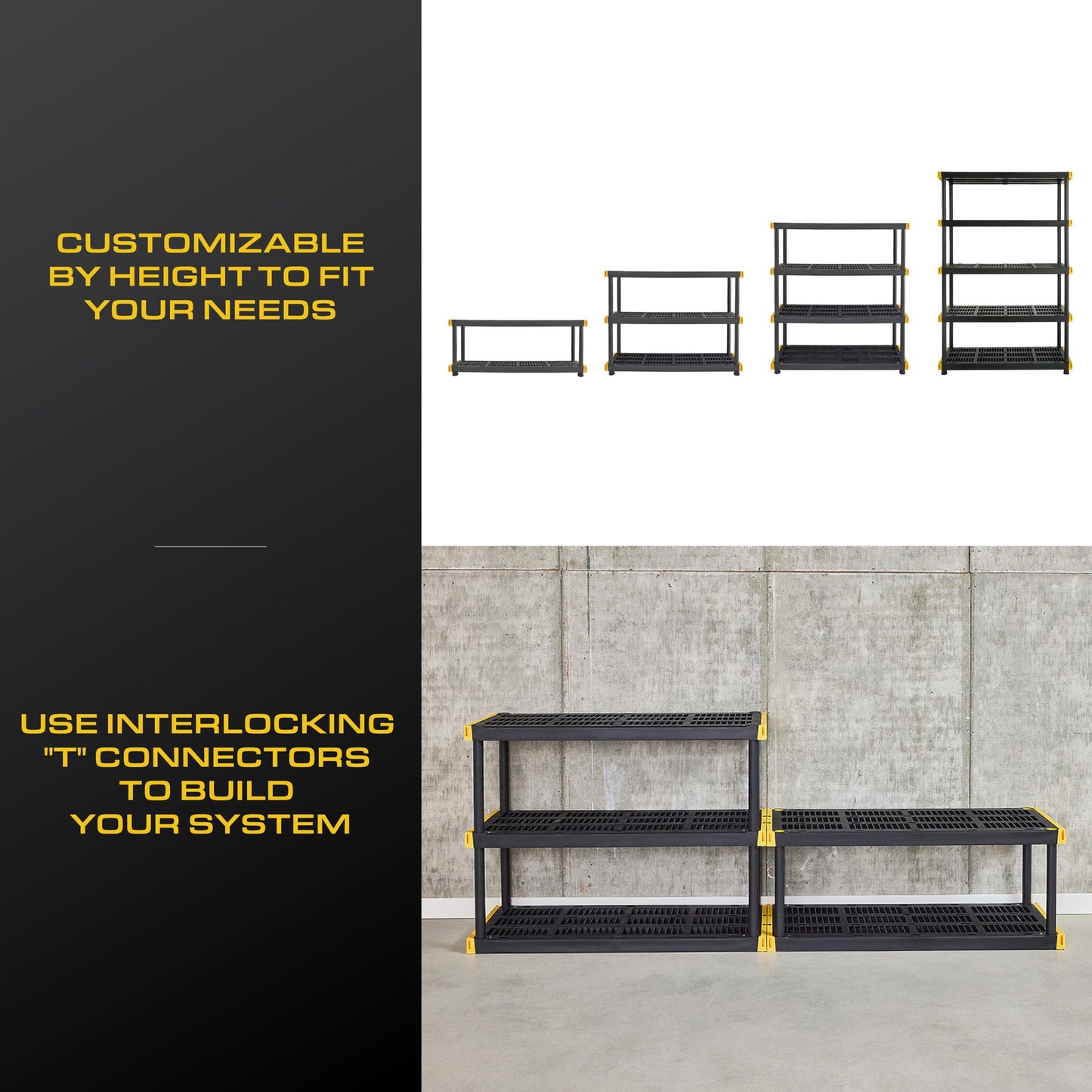 BLACK & YELLOW, 4-Tier Heavy Duty Plastic Storage Shelving Unit, 200lbs/shelf (55"H x 48"W x 20"D), for Indoor/Outdoor Organization, Modular Rack