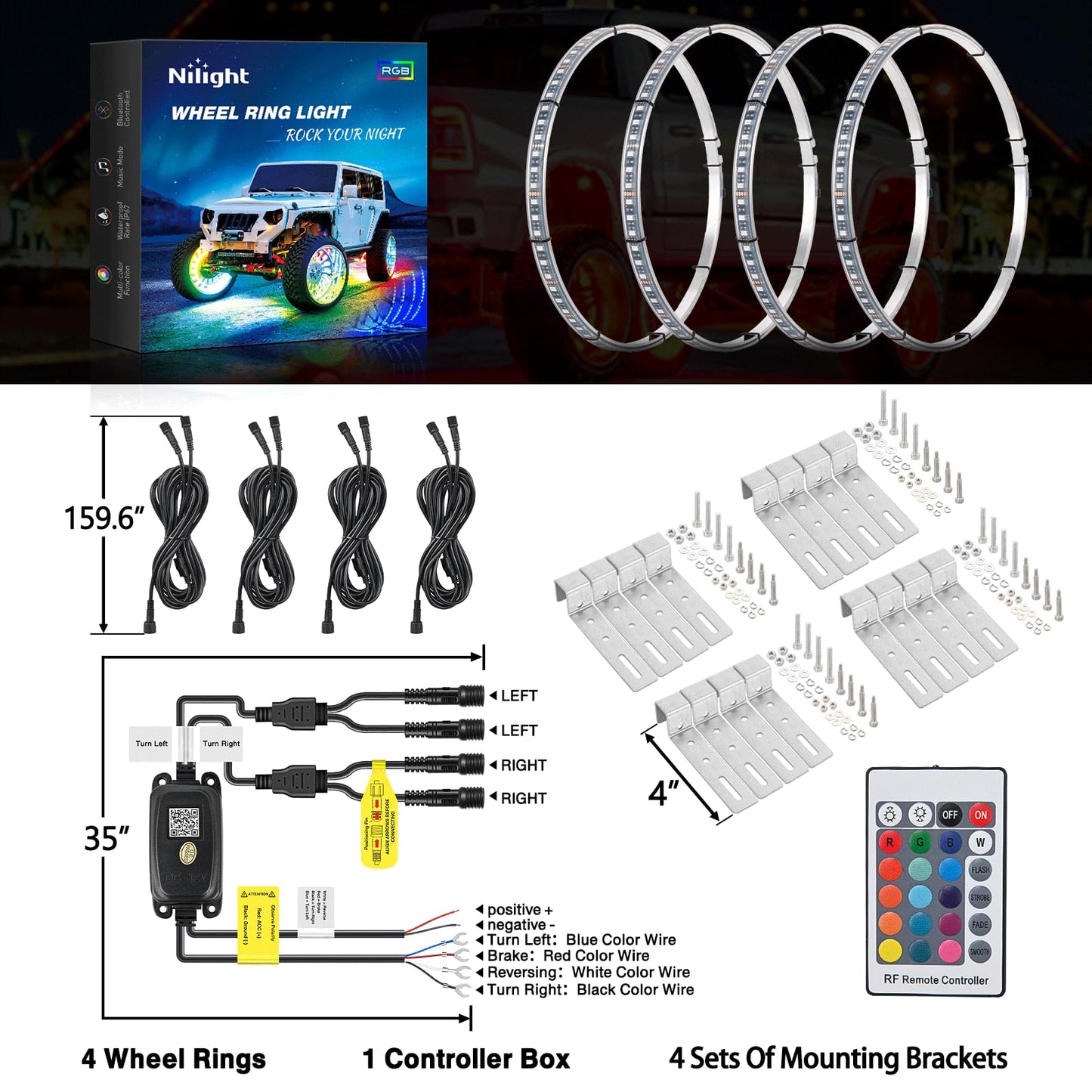 Nilight 4PCS 15.5inch LED Wheel Ring Lights RGB with APP and Remote Control Neon Lights Million Colors w/Turn Signal and Braking Function for Car Van SUV Truck