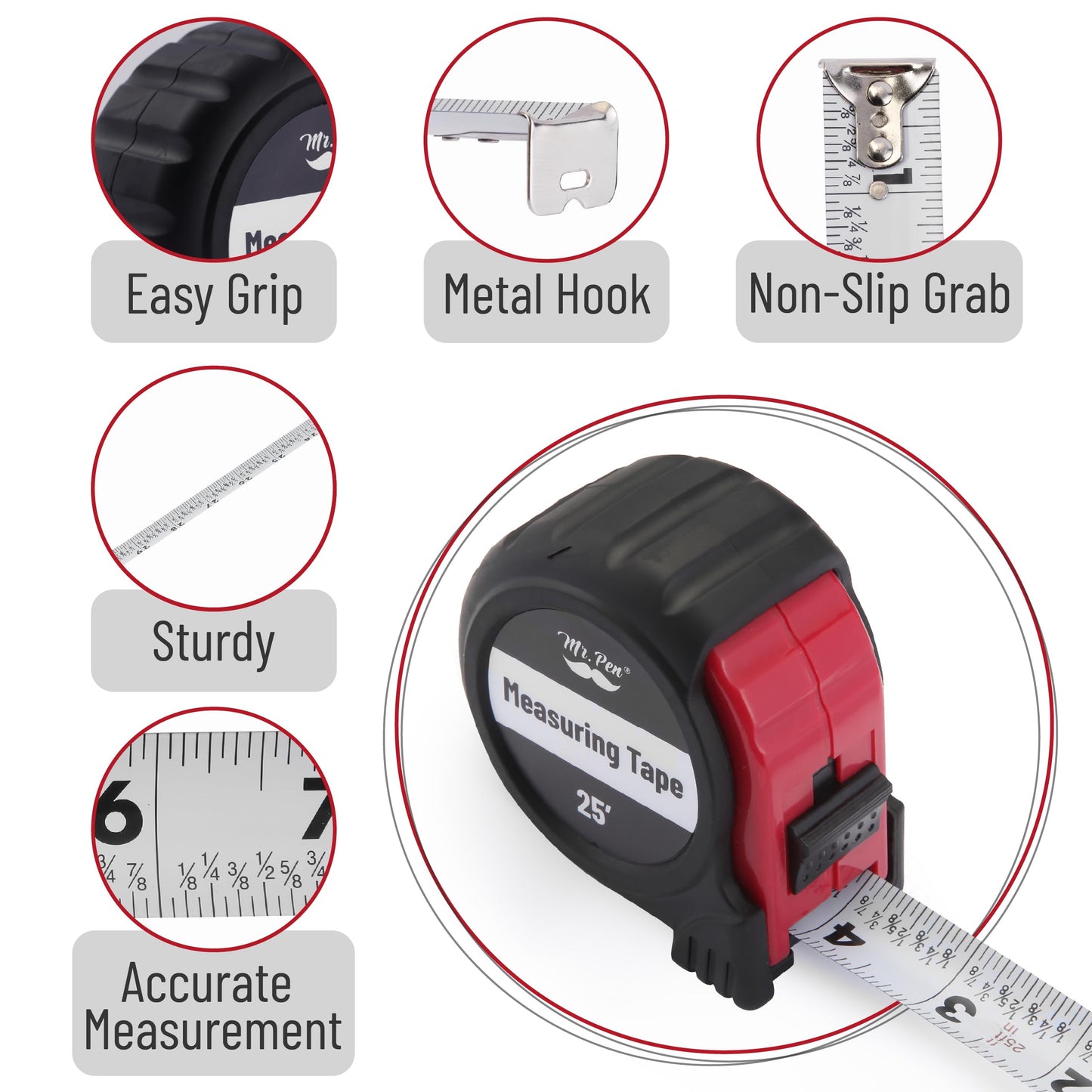 Mr. Pen 25-Foot Steel Retractable Tape Measure with Easy Read Fractions