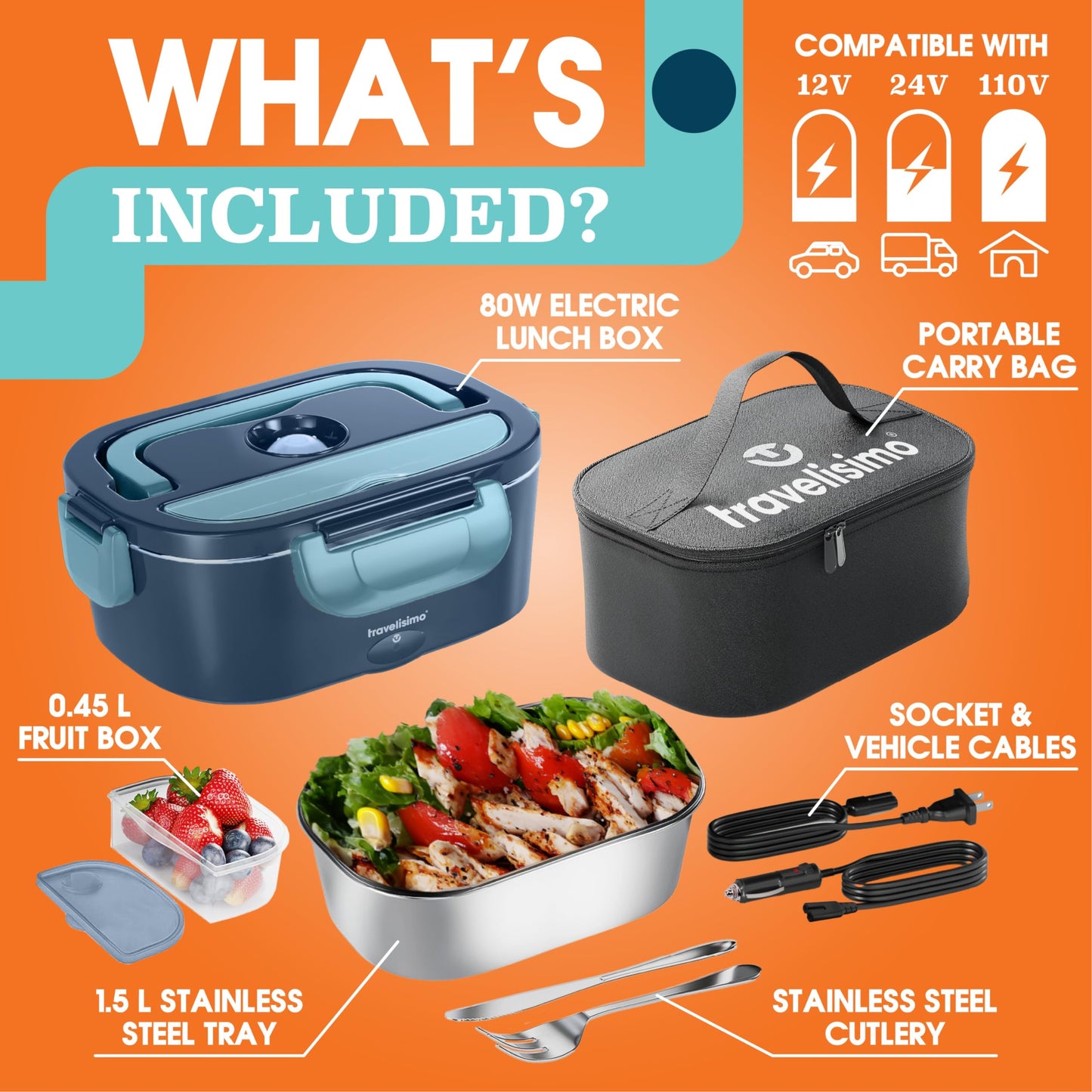 Electric Lunch Box For Adults, 80W Heated Lunch Box 1.5L, Heatable Lunchbox For Men For Car Truck Work, 12/24/110V, Loncheras Para Hombres De Trabajo, Gifts For Men, Gifts for Women