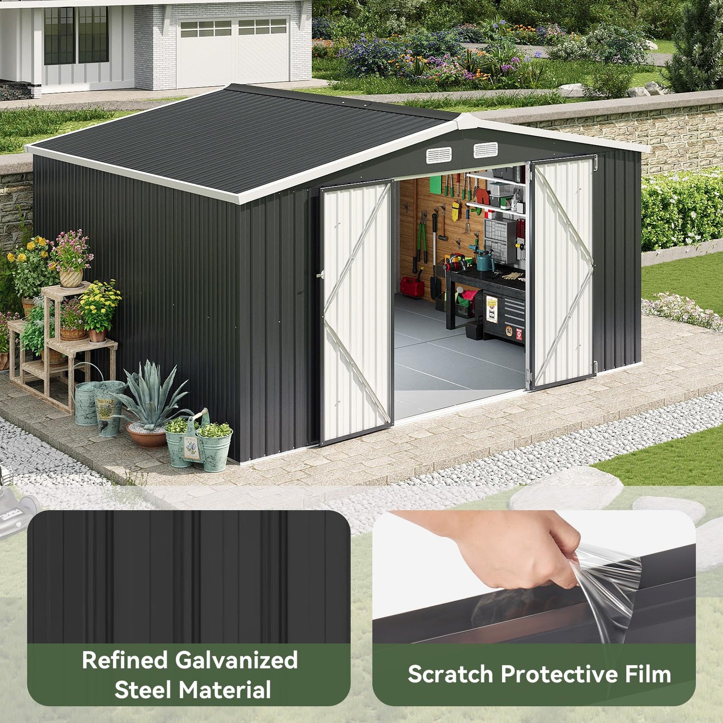 Aoxun 12x10 FT Shed Metal Outdoor Waterproof Storage Shed Steel Utility Garden Tool Shed with Door & Lock Outdoor Storage for Garden Patio Lawn Poolside, Brown