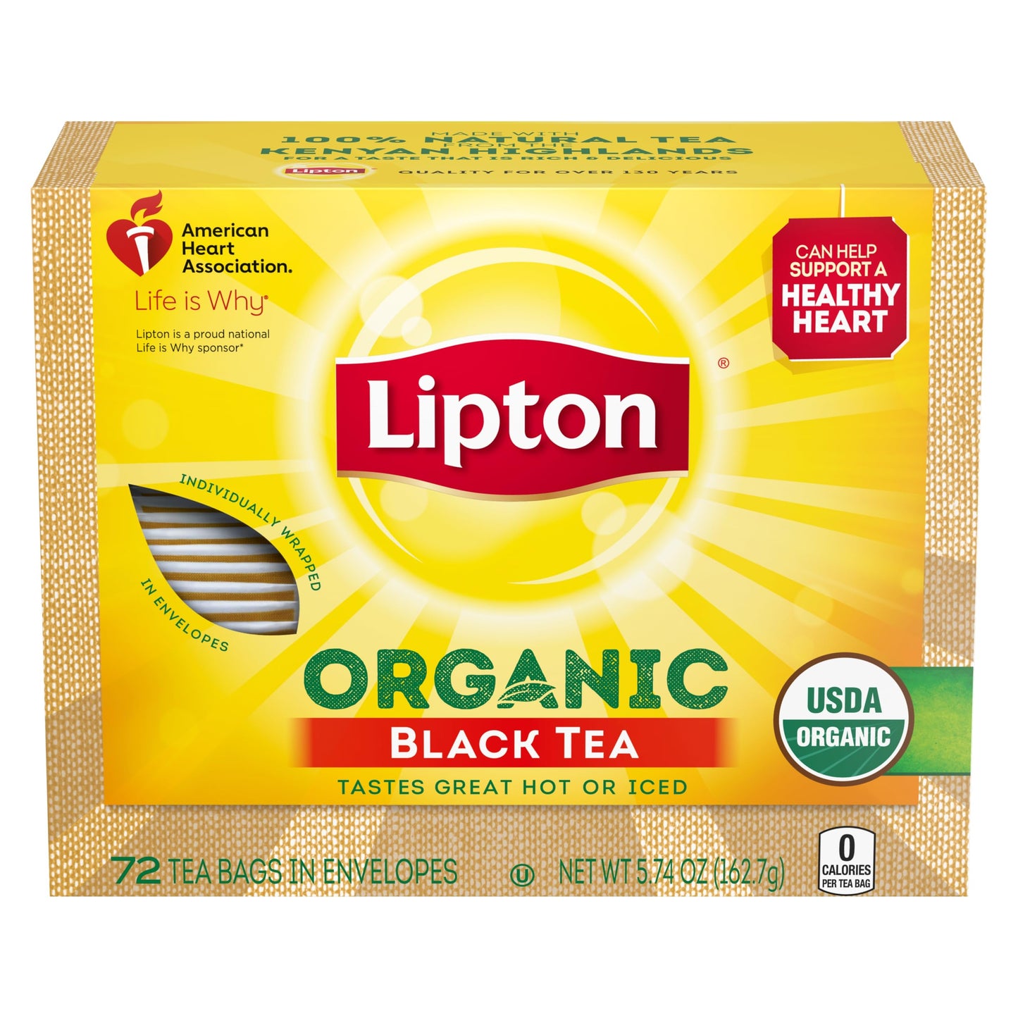 Lipton Organic Tea Bags Tastes Great Hot or Iced Organic Black Tea Can Help Support a Healthy Heart 5.74 oz 72 Count, Pack of 5