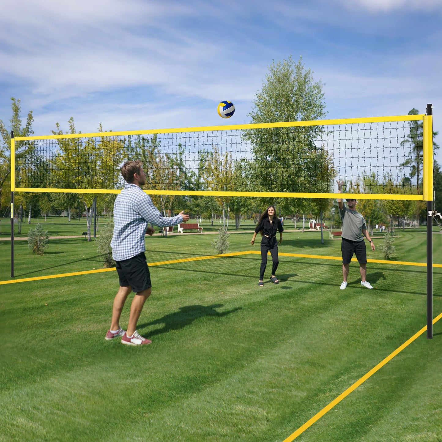 GYMAX Volleyball Net, Portable Volleyball Set with Adjustable Poles & Anti-Sag Design, Includes Beach Stakes, Scoreboard, Boundary Line and Carry Bag for Outdoor Backyard Beach Grass (Yellow)