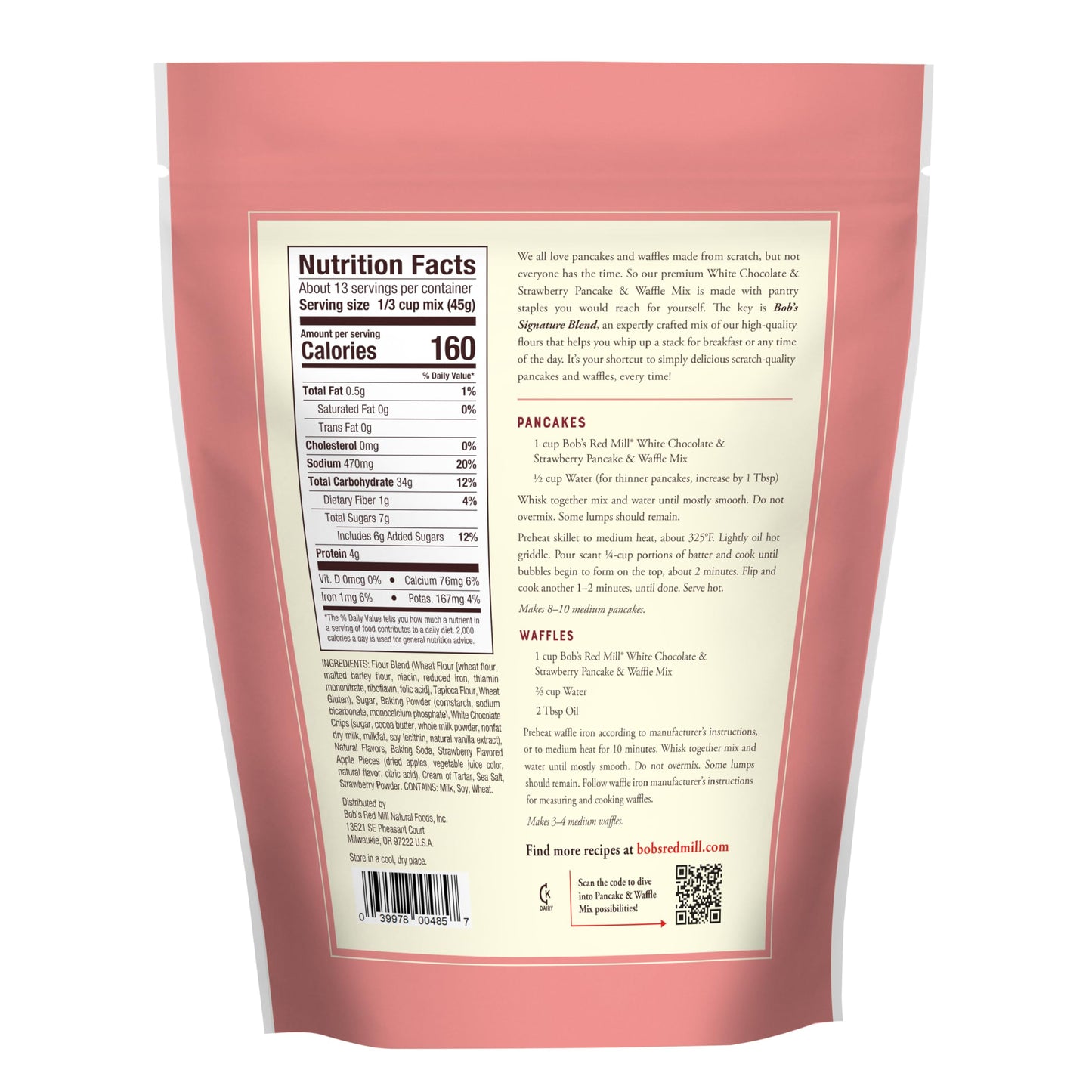 Bob's Red Mill White Chocolate & Strawberry Pancake Mix, 20oz (Pack of 4) - Just Add Water, Makes 32-40 Pancakes per Bag