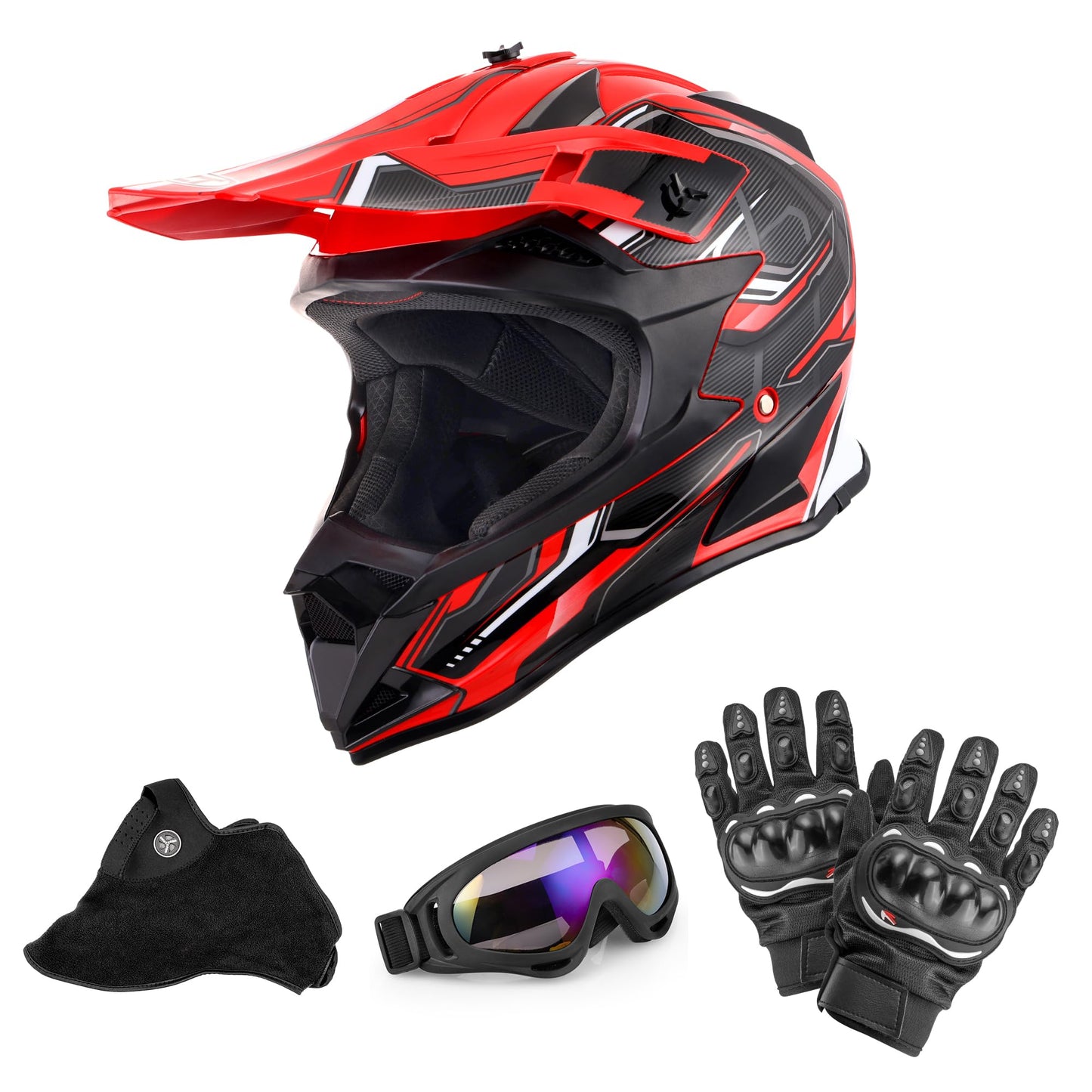 Adult Motocross Dirt Bike Helmet with Goggle, Gloves & Mask - DOT/FMVSS-218 Off-Road Motorcycle & ATV Helmet with Adjustable Sun Visor