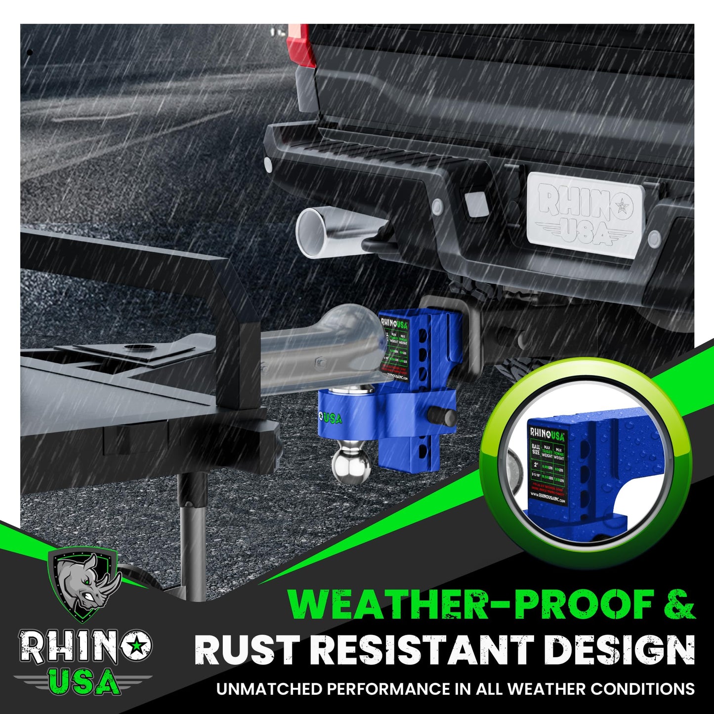 Rhino USA Adjustable Trailer Hitch (Fits 2-Inch Receiver) - Heavy Duty Aluminum Tow Hitches with 6-Inch Drop/Rise for Truck (12,500 LBS GTW) - Weatherproof Double Anti-Theft Locking Hitch Pins (Black)