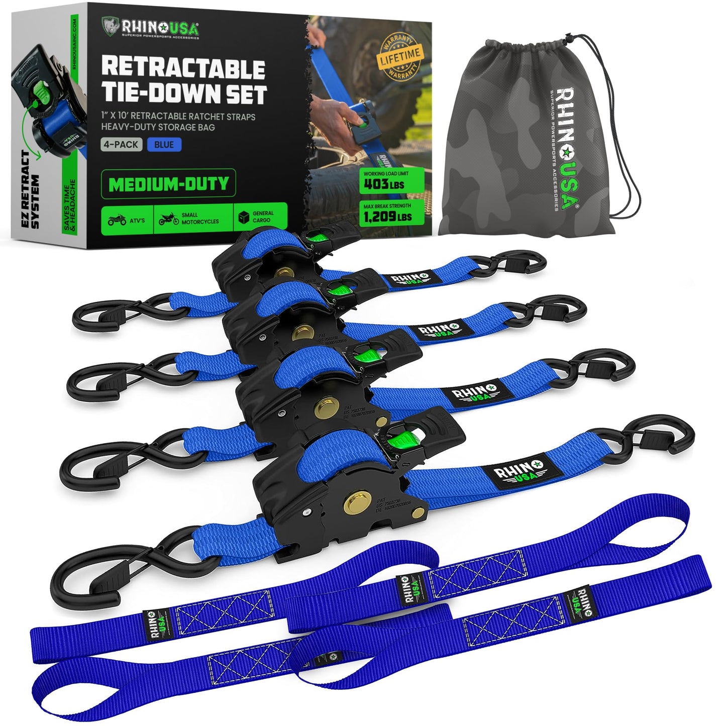 Rhino USA Retractable Ratchet Straps (4-Pack) - 1 Inch x 10 Feet (1,209lb Break Strength) - Heavy Duty Auto Self Retracting Tie Down Straps for Truck, Cargo Trailer, Motorcycle, Rad & More - Black