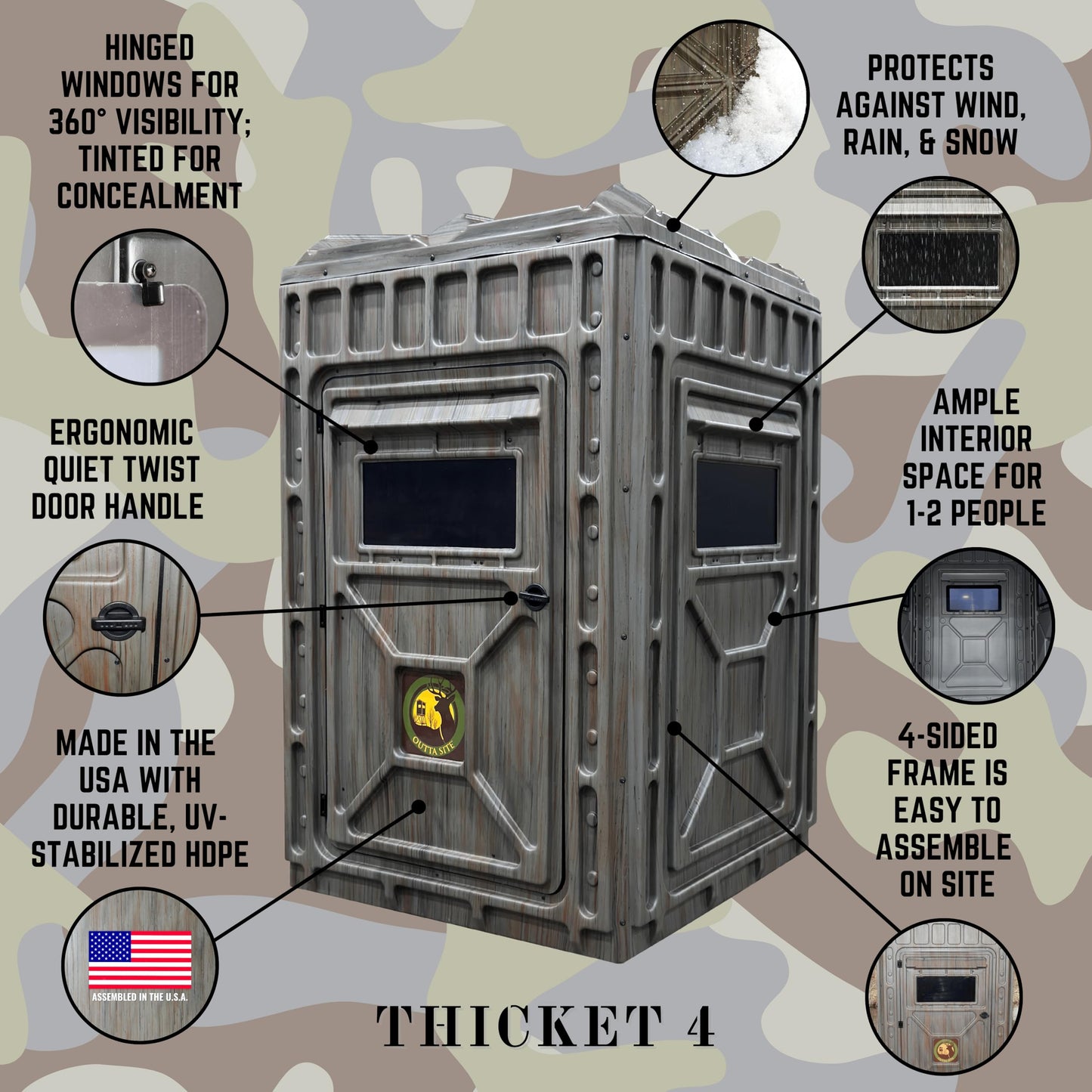 Outta Site Hunting Blind – 4 & 5 Sided High Density Plastic Hunting Blind – 1-2 & 2-3 Person Hard-Sided Ground Blind for Deer, Turkey Hunting – 360 Views – Arctic Snow Camo, Habitat Olive, Thicket Oak