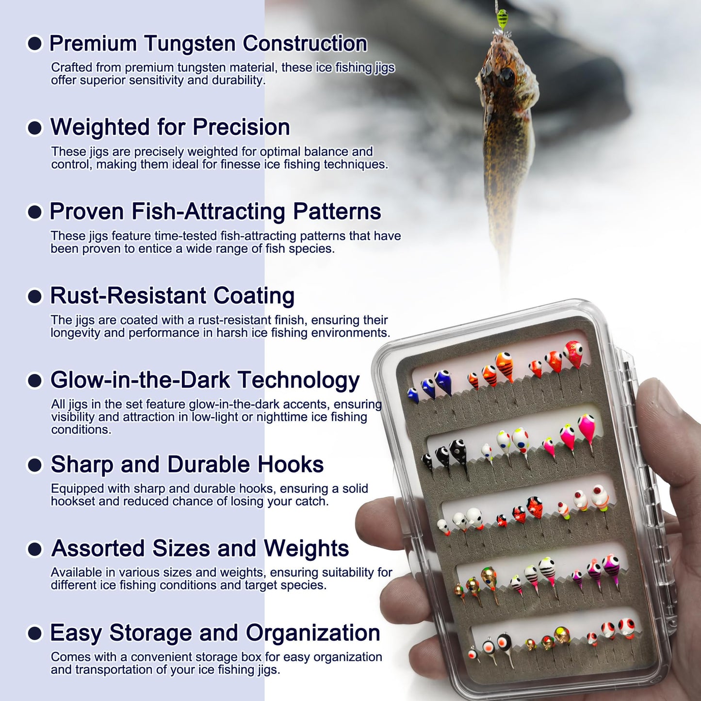 45Pcs Tungsten Ice Fishing Jigs Lures Kit, Micro Glow Tungsten Winter Jig Heads Hooks for Walleye Crappie Panfish Trout, Ice Fishing Gear Equipment Tackle Accessories