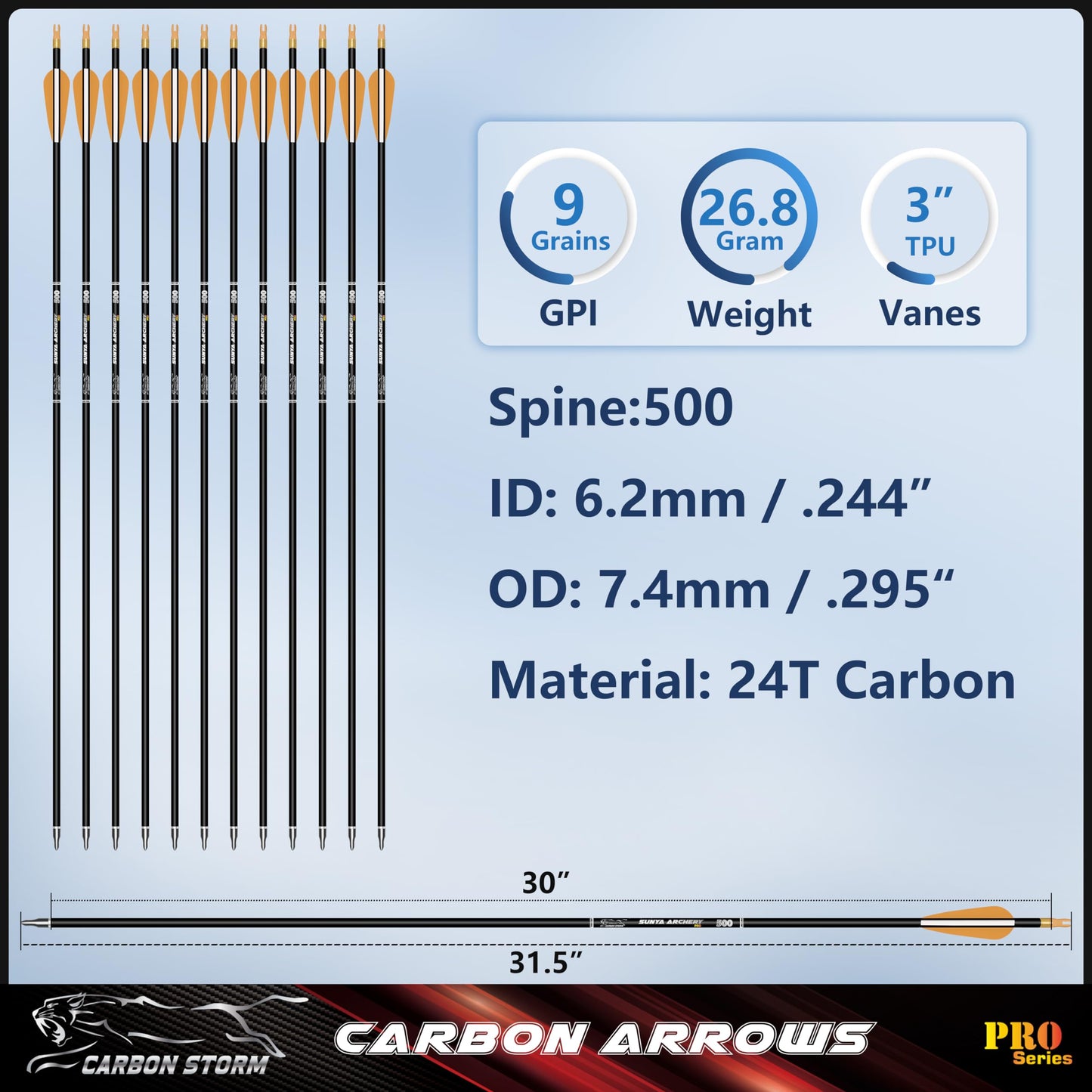 SUNYA Archery Compound Bow Arrows 12pcs Set. 30" Carbon Shaft, Spine 400 or 500 with Removable Tips