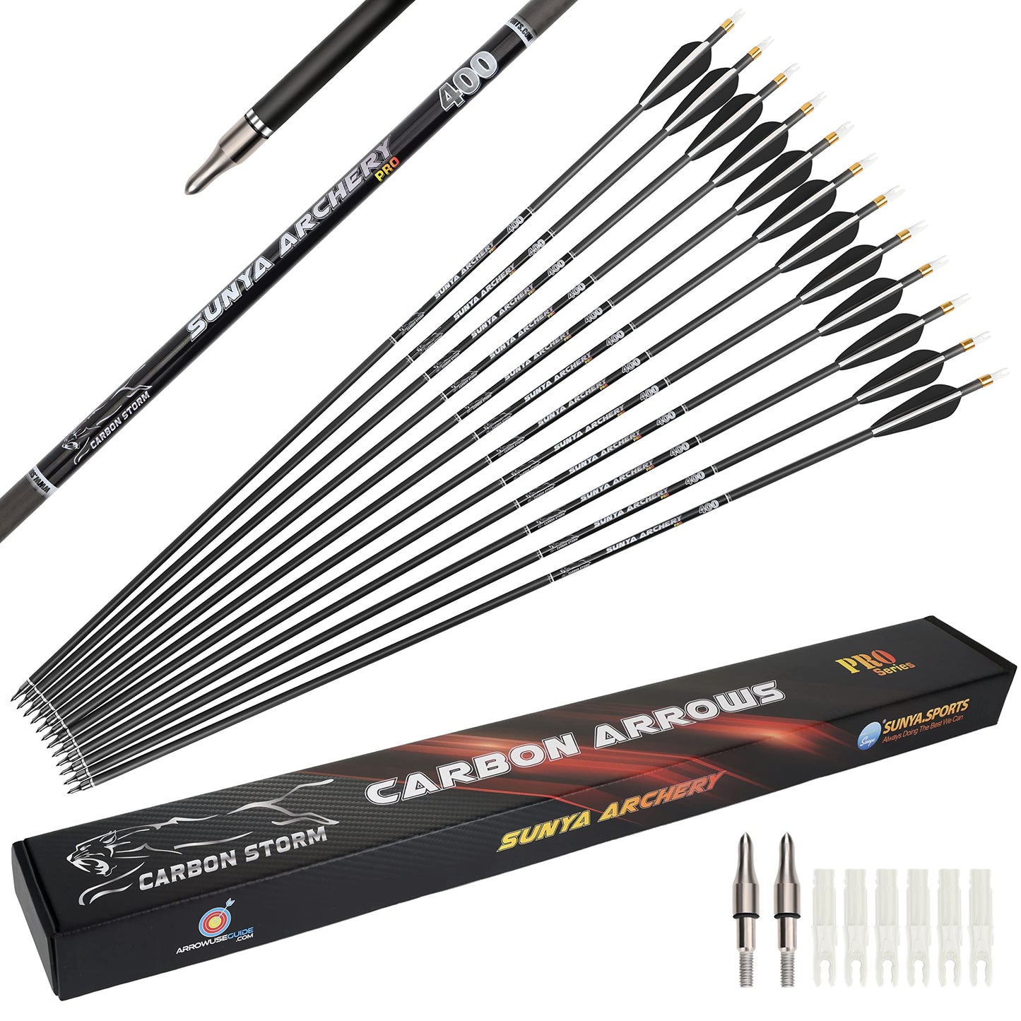 SUNYA Archery Compound Bow Arrows 12pcs Set. 30" Carbon Shaft, Spine 400 or 500 with Removable Tips