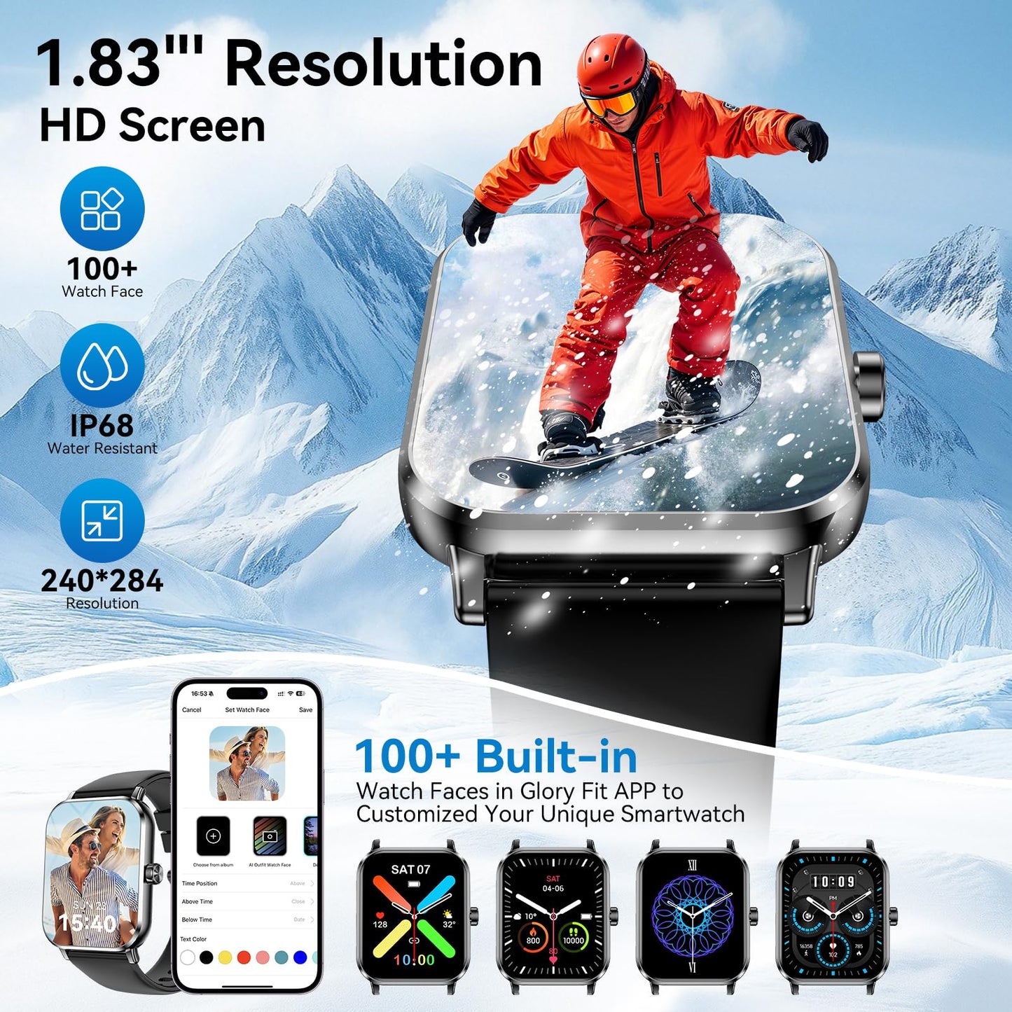 Jacoosa Smart Watch for Men Women, 1.83" HD Touchsreen, Bluetooth Calling, 5 ATM Water-Resistance, 130+ Sports Modes, Health, Fitness & Sleep Tracker, Timer, Fitness Watch for Android/iOS, Black