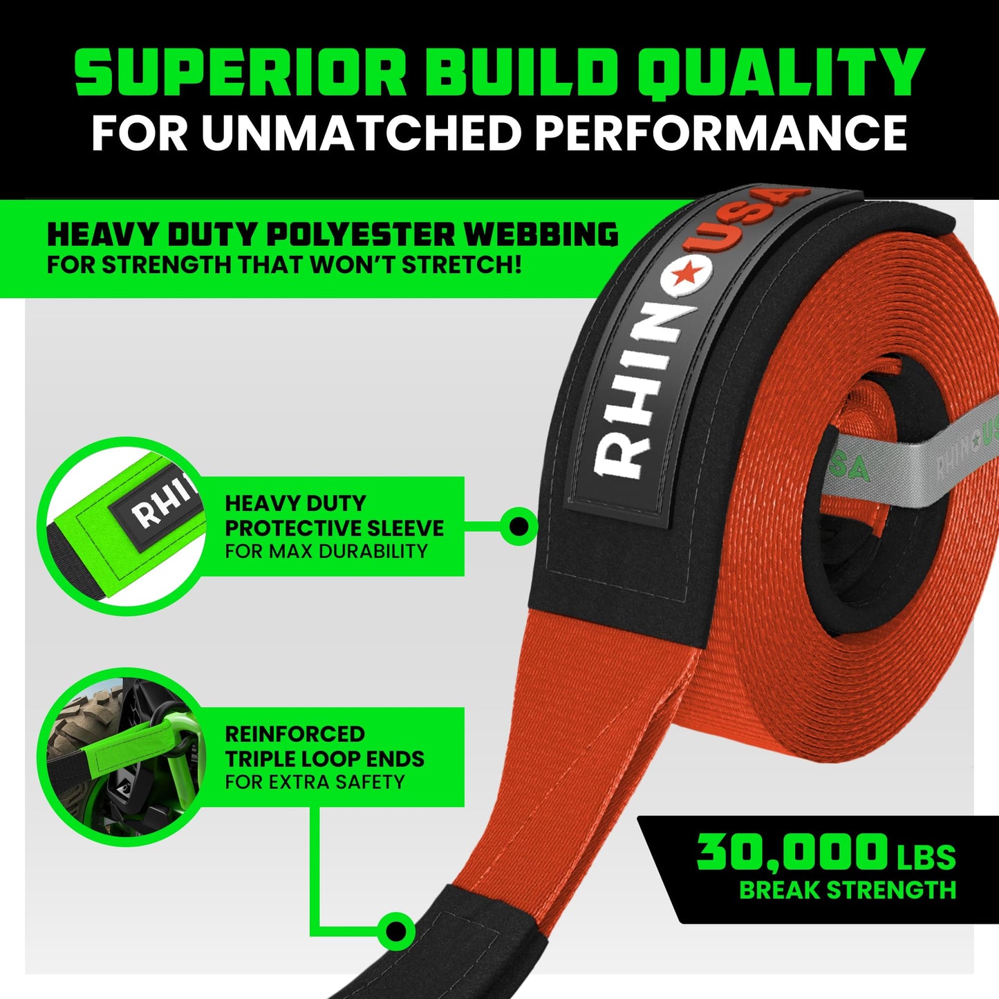 Rhino USA Recovery Tow Strap (3" x 20') - 31,518lb Break Strength - Emergency Recovery Strap Tow Rope for Truck, UTV, ATV & More - Heavy Duty Towing Strap for Offroad 4x4 Use - Compatible with Jeep