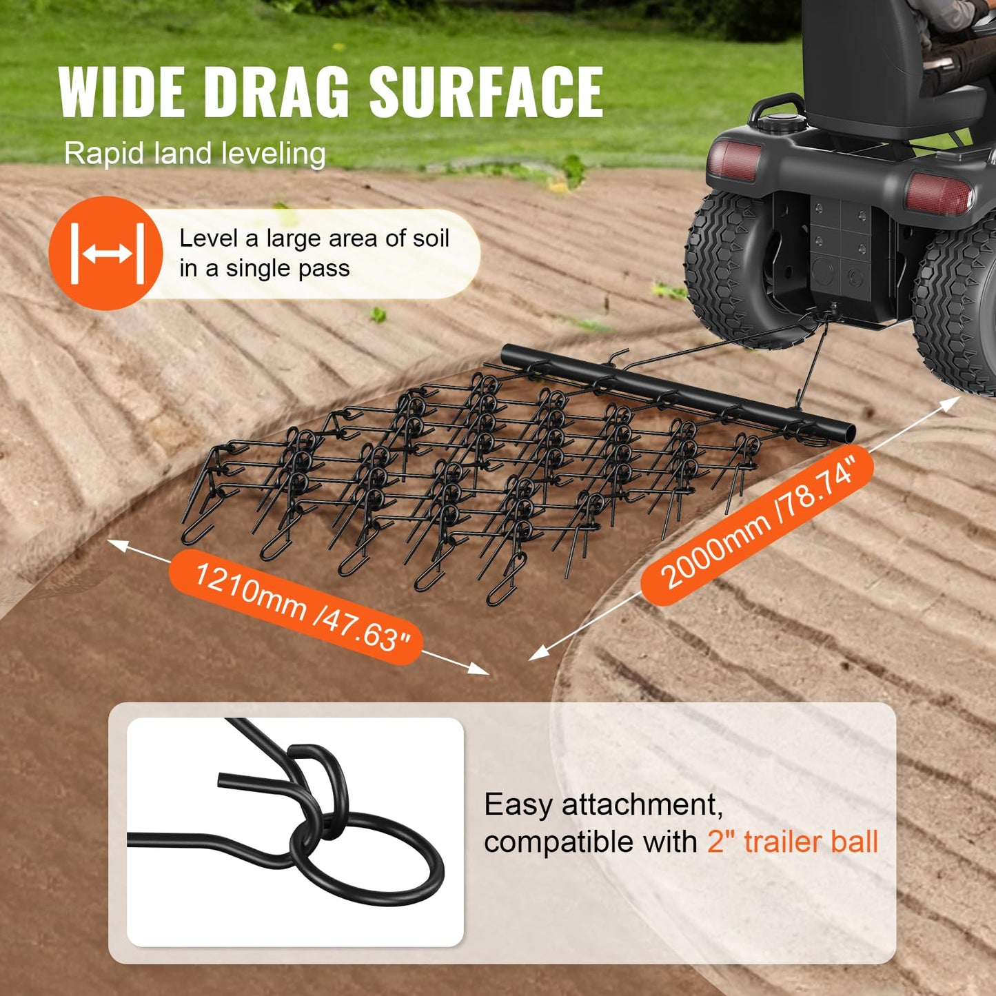 VEVOR 4' x 5' ATV Drag Harrow, Q235 Steel UTV Tractor Attachments for Landscape Leveling or Sod Prepping, Towable Grader for Gravel Driveway, Garden, Farm, Field Black