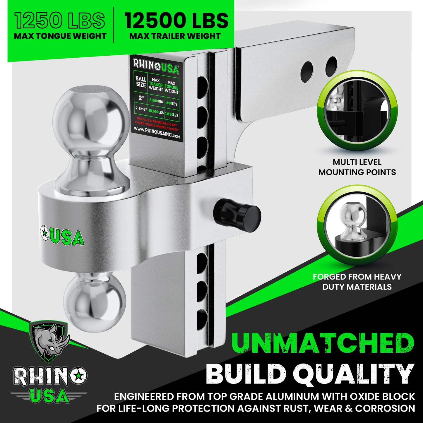 Rhino USA Adjustable Trailer Hitch (Fits 2-Inch Receiver) - Heavy Duty Aluminum Tow Hitches with 6-Inch Drop/Rise for Truck (12,500 LBS GTW) - Weatherproof Double Anti-Theft Locking Hitch Pins (Black)