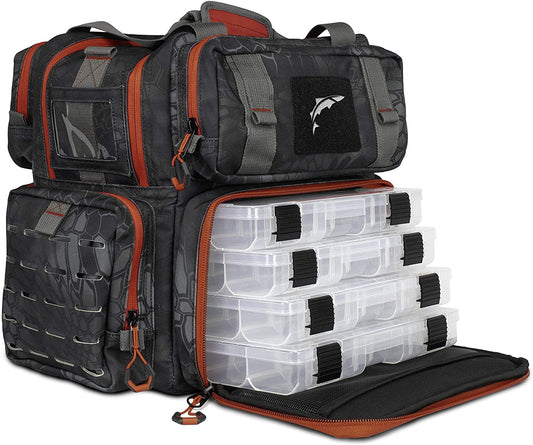 EGO Kryptek Tactical Tackle Box Backpack, Durable Fishing Tool Bag, 1000D Nylon Fabric with PVC Back, Water-Resistant, Multiple Storage Pockets, Laser-Cut Molle Loops, Includes 4 Tackle Trays