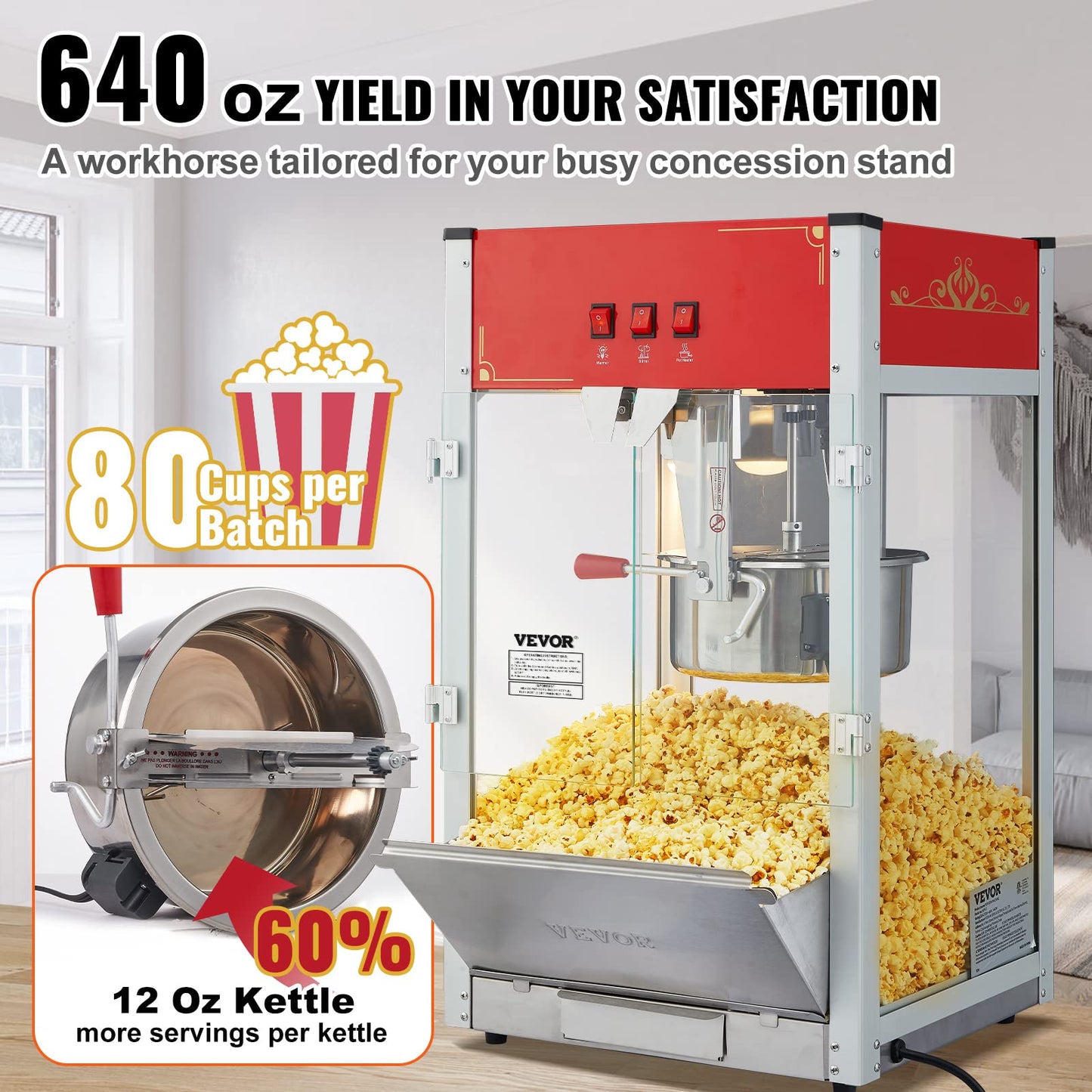 VEVOR Commercial Popcorn Machine, 8 Oz Kettle, 850 W Countertop Popcorn Maker for 48 Cups per Batch, Theater Style Popper with 3-Switch Control Steel Frame Tempered Glass Doors 2 Scoops 2 Spoons, Red