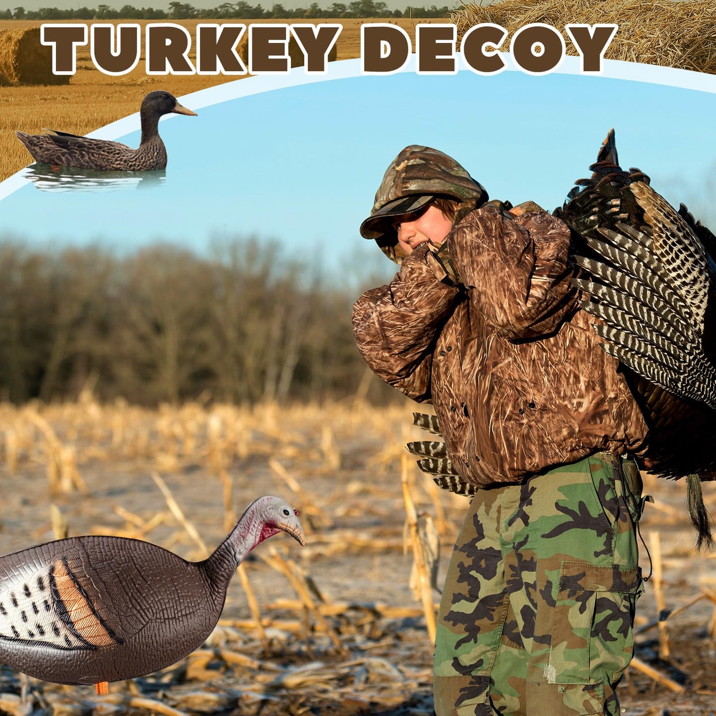 Poen Collapsible Turkey Decoys for Hunting Lookout Standing Lifelike Lightweight Realistic Hunting Turkey Decoy Hen with Stake for Field, Forest, Wood, Ground, Outdoor, 13.4 x 5.5 x 6.7 Inches