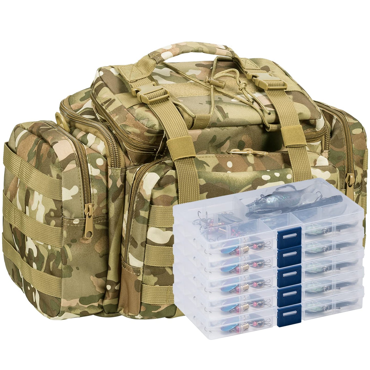 Dr.Fish Fishing Tackle Bag 5 Boxes with 60 Lures Included Loaded Stocked Tackle Box Set Spinner Lures Kit Freshwater Gear Equipment