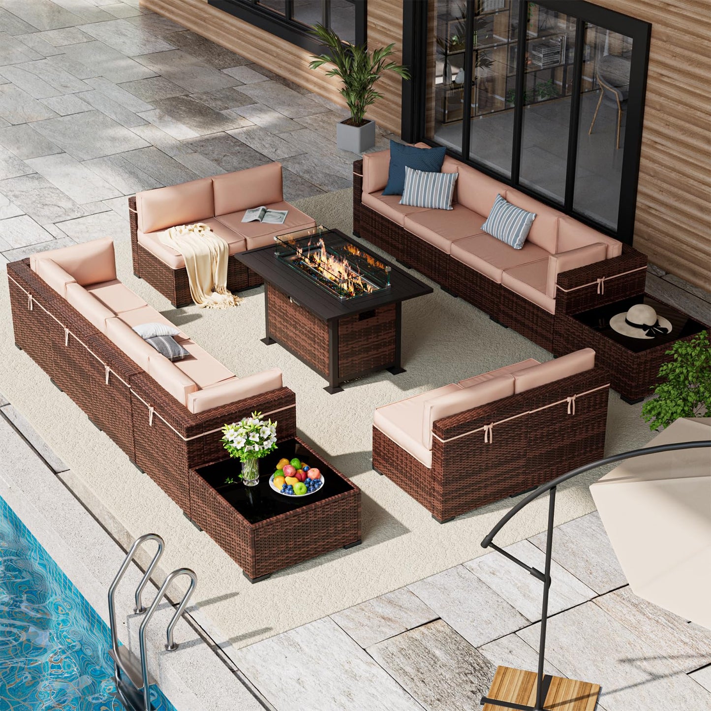 Amopatio Patio Furniture Sets, 7 Pieces Outdoor Rattan Sectional Sofa Set with Glass Table and Cushions, Wicker Patio Conversation Set for Outdoor Indoor Backyard Lawn Garden Porch (Grey)
