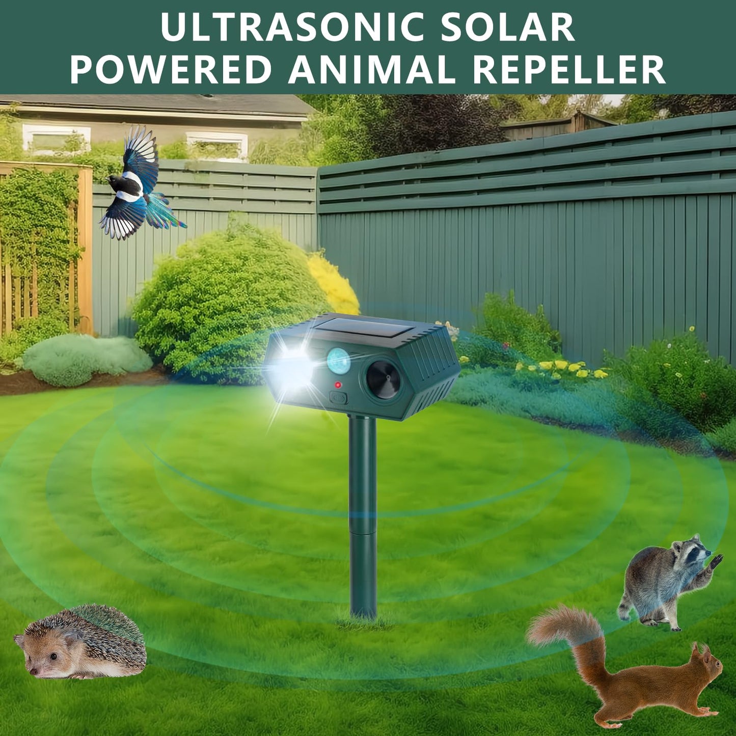 2 Pack 2025 Solar Ultrasonic in Repellent Defender Rat, Squirrel, Deer, Raccoon, Skunk, Rabbit, Mole, Dog, Cat, Waterproof with Motion Detector