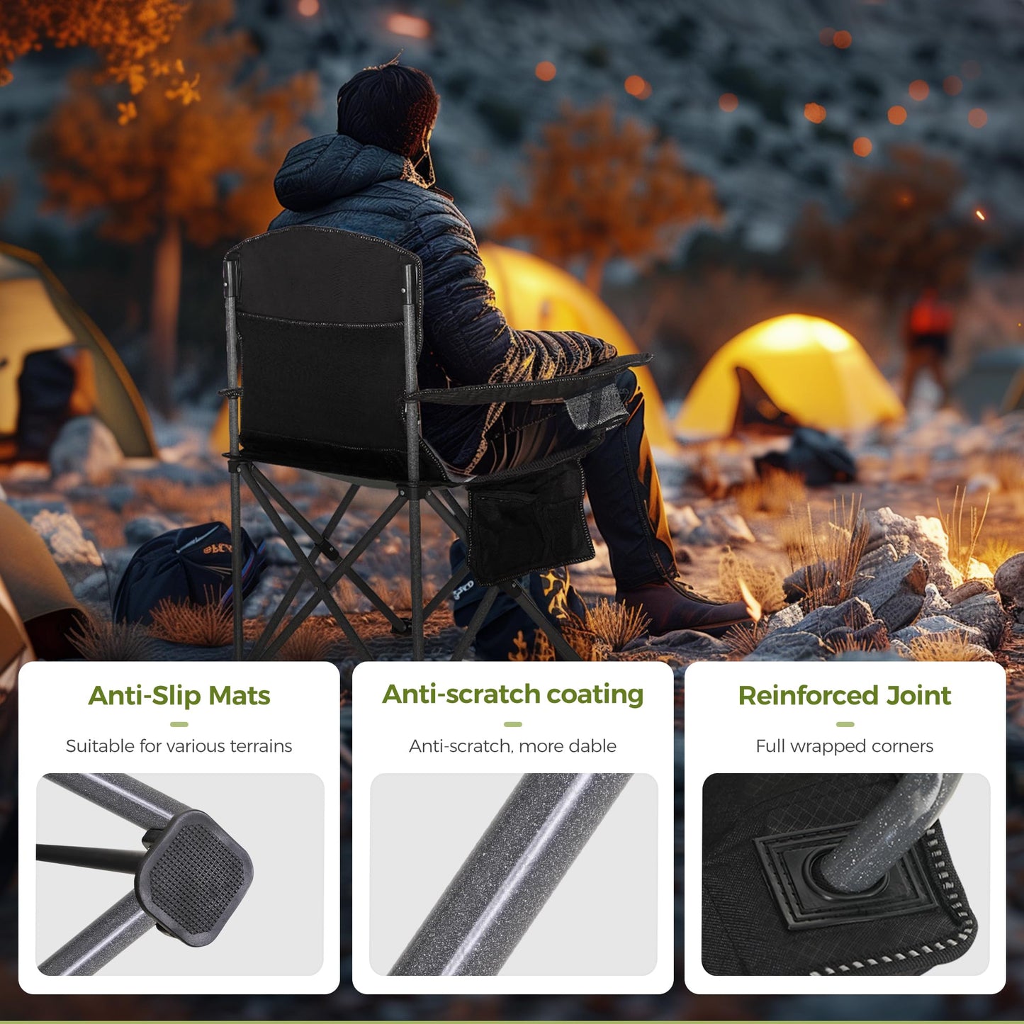 ALPHA CAMP Oversized Camping Folding Chair - Heavy Duty Steel Frame Support 350 LBS, Collapsible Padded Arm With Cup Holder, Quad Lumbar Back, Portable for Outdoor/Indoor