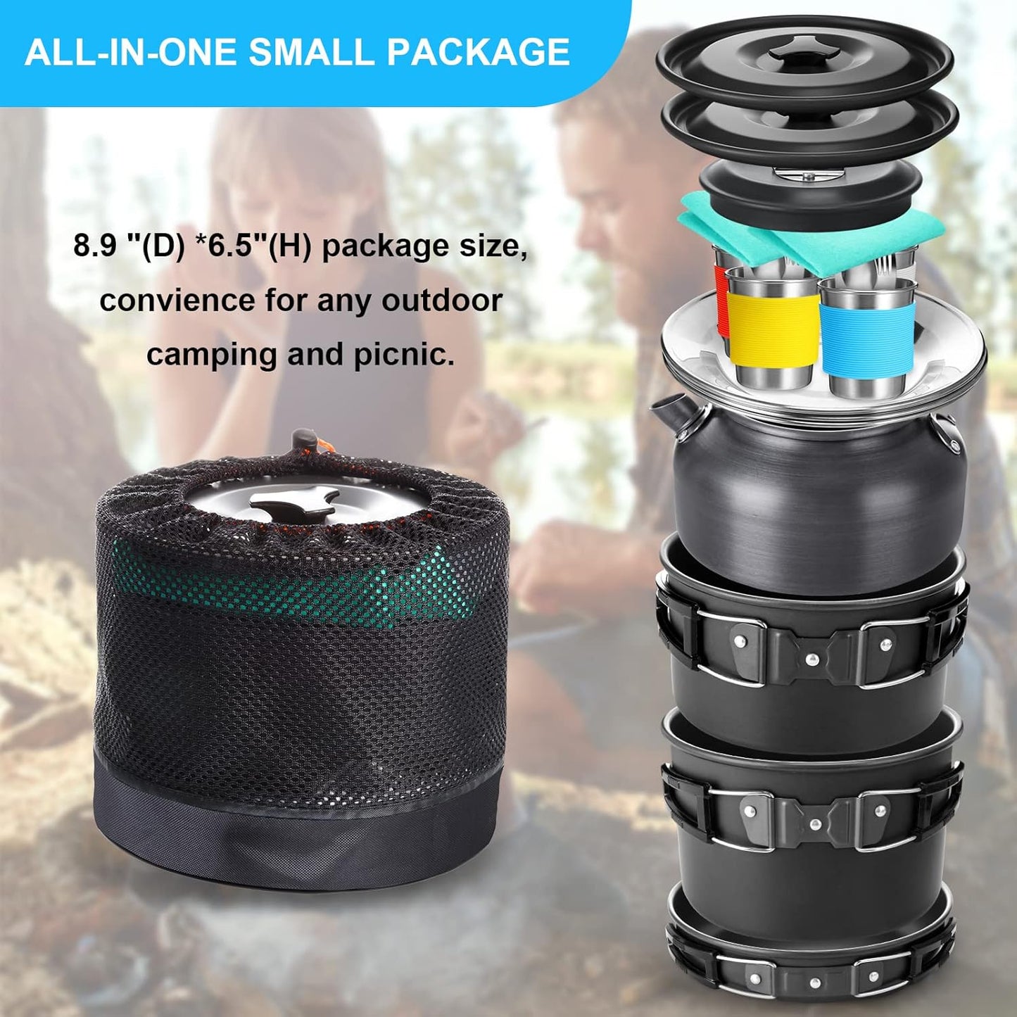 Gejoy 42 Pcs Camping Cookware Mess Kit, Non Stick Lightweight Pots Pan Kettle, Collapsible Water Container and Bucket, Stainless Steel Cups Plates Forks Knives Spoons for Outdoor Backpacking Picnic