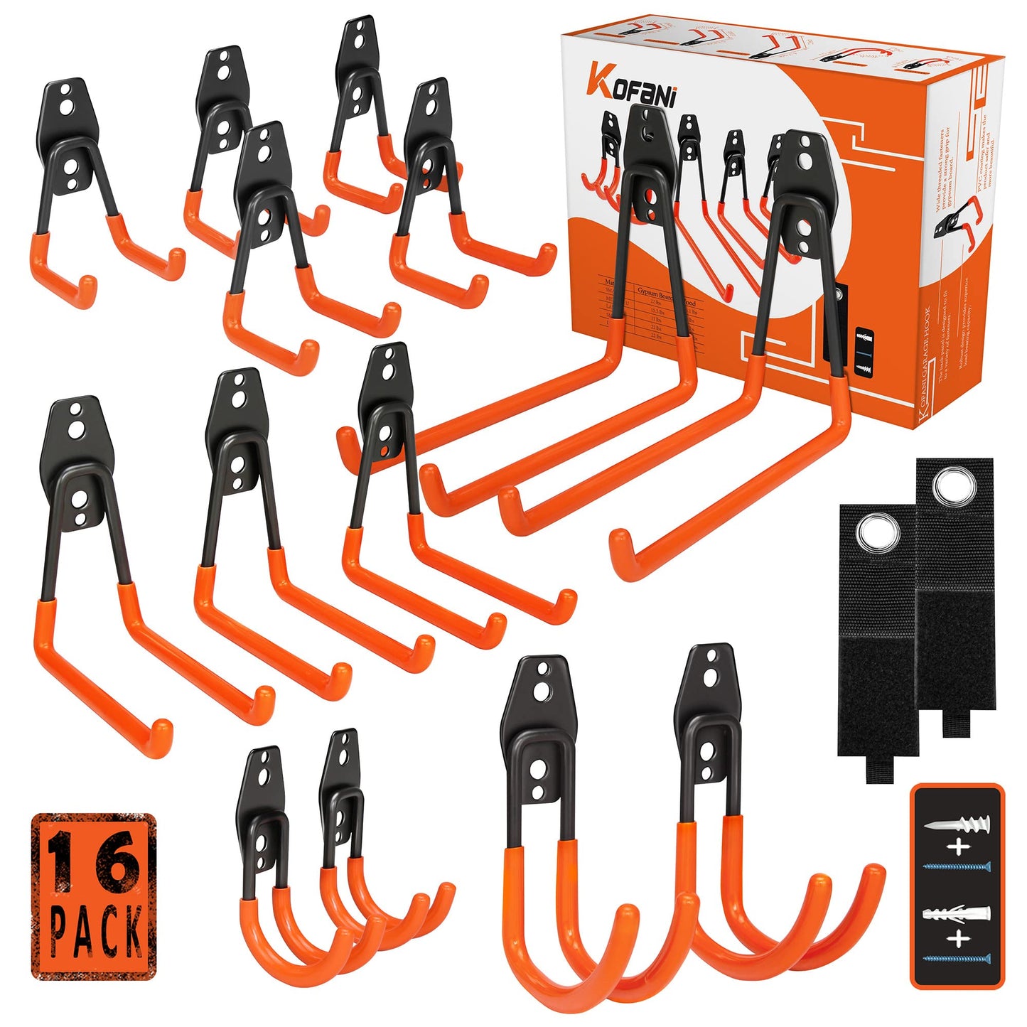 Steel Garage Storage Hooks - 16 Pack Anti-Slip Coating, Heavy Duty Wall Mount Hooks for Hanging Bike, Ladder, Garden Tools